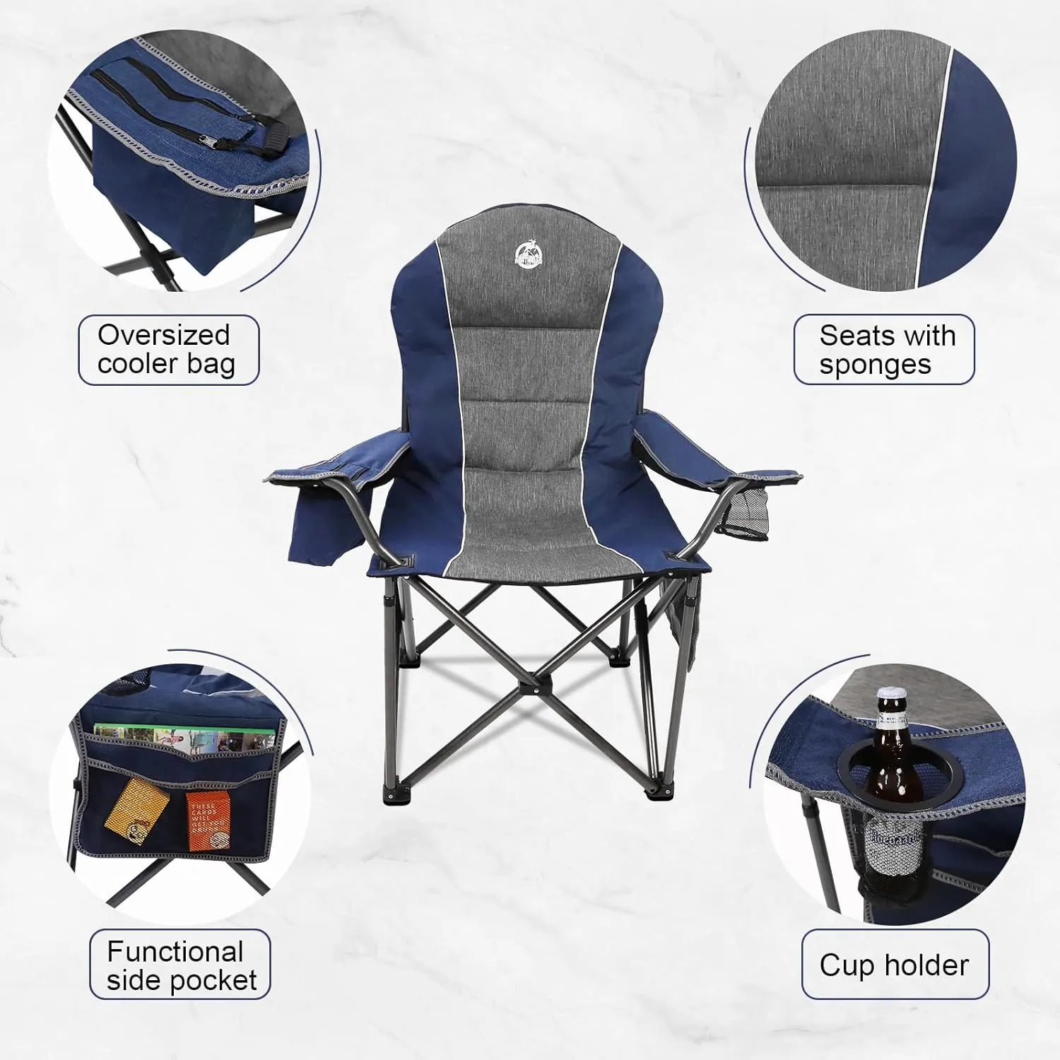 Oversized Portable Camping Chair, Full Padded Outdoor Folding Chair Support 350 LBS, Heavy Duty Lawn Chair with Cup Holder, Cooler Bag, Lumbar Support, Head Pocket for Adult-Blue