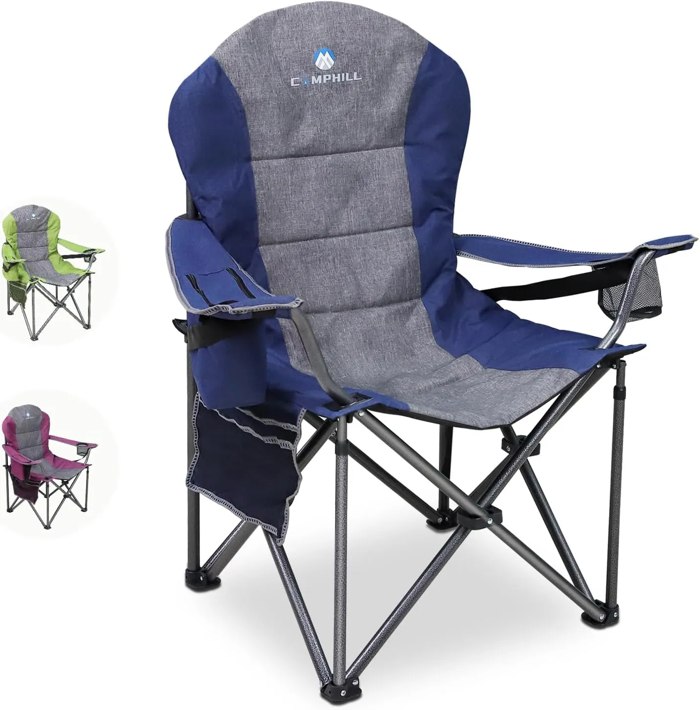 Oversized Portable Camping Chair, Full Padded Outdoor Folding Chair Support 350 LBS, Heavy Duty Lawn Chair with Cup Holder, Cooler Bag, Lumbar Support, Head Pocket for Adult-Blue