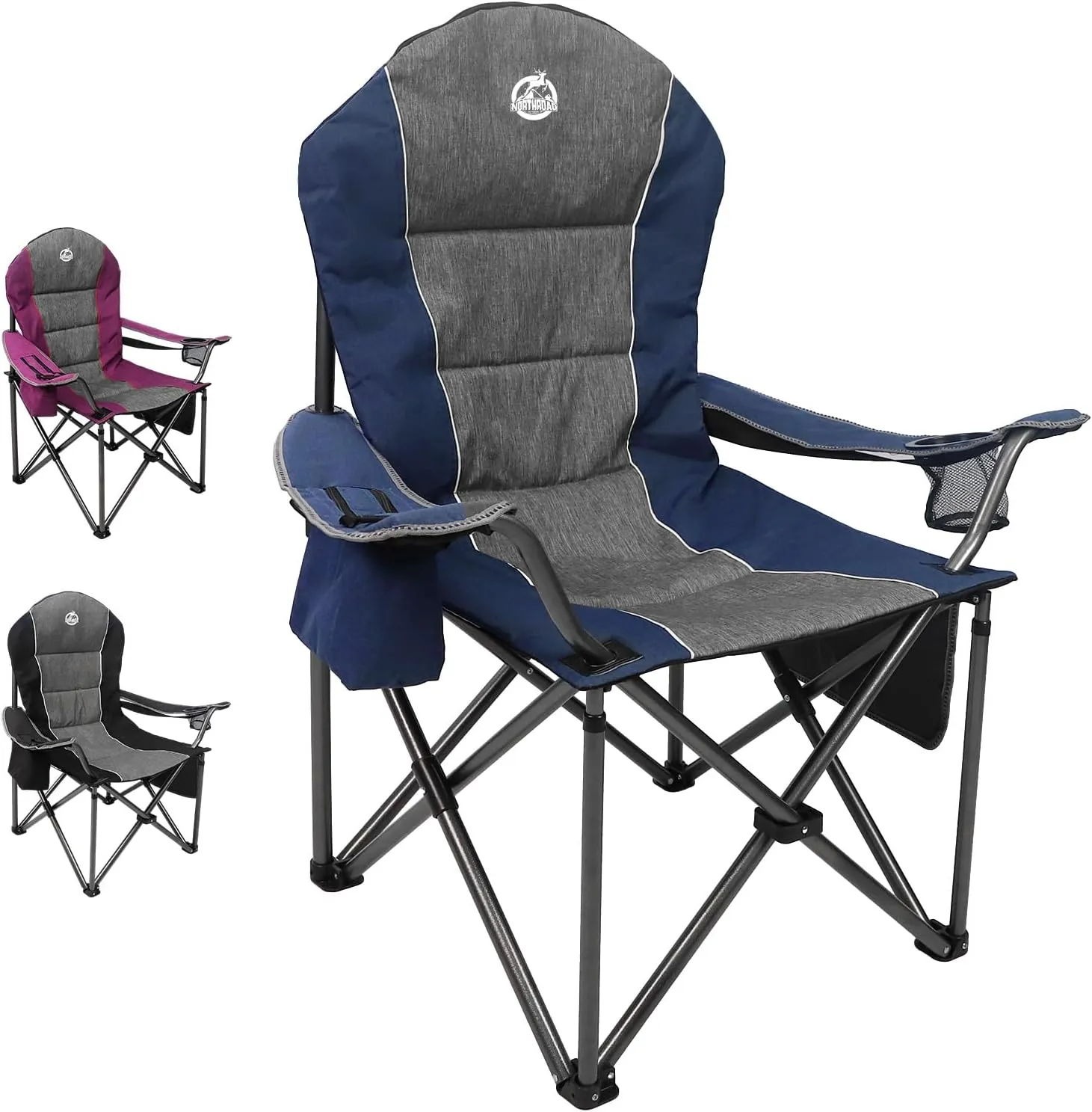 Oversized Portable Camping Chair, Full Padded Outdoor Folding Chair Support 350 LBS, Heavy Duty Lawn Chair with Cup Holder, Cooler Bag, Lumbar Support, Head Pocket for Adult-Blue