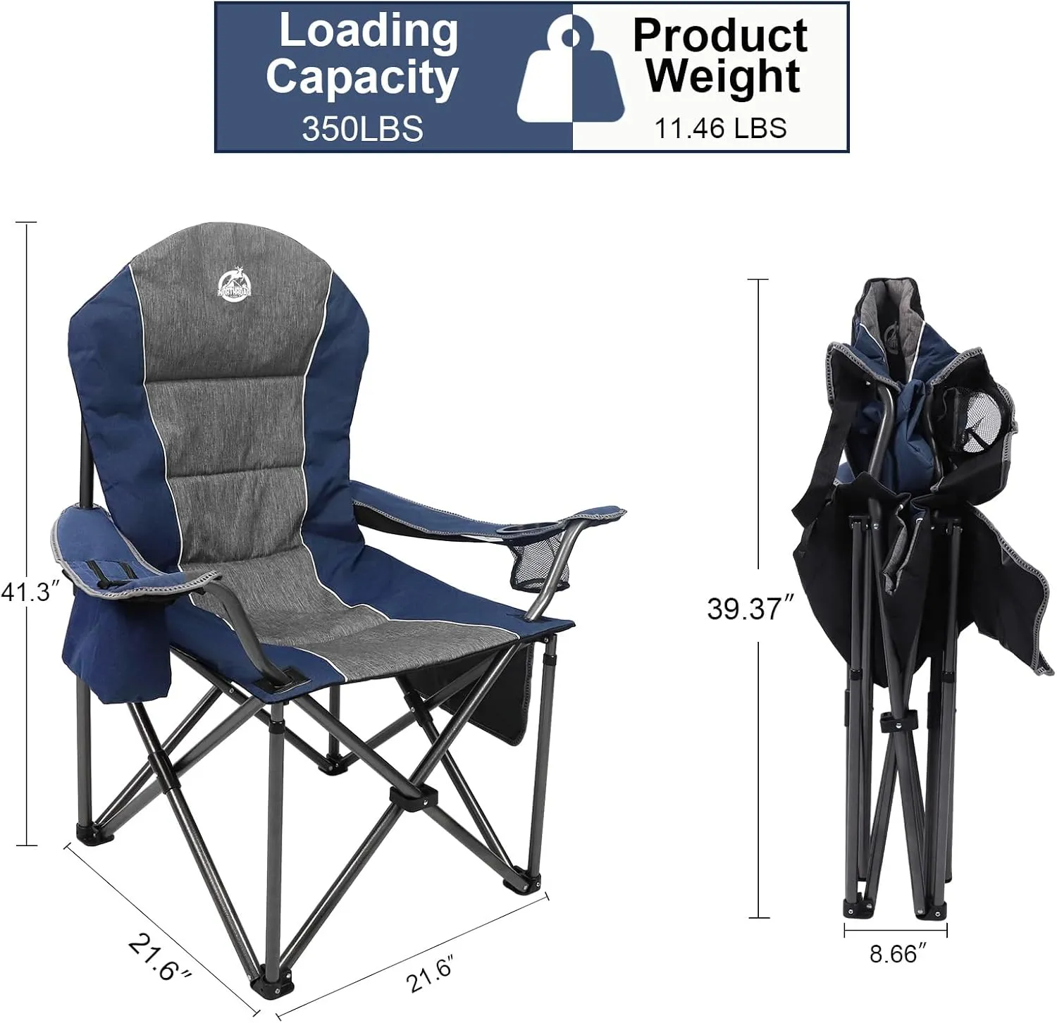 Oversized Portable Camping Chair, Full Padded Outdoor Folding Chair Support 350 LBS, Heavy Duty Lawn Chair with Cup Holder, Cooler Bag, Lumbar Support, Head Pocket for Adult-Blue