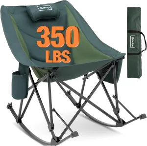 Oversized Rocking Camping Chair, Fully Padded Patio Chair with Side Pocket, High Back Portable Lawn Recliner with Headrest, Outdoor Camp Rocker Chairs for Adults Heavy Duty 350 LBS, Green