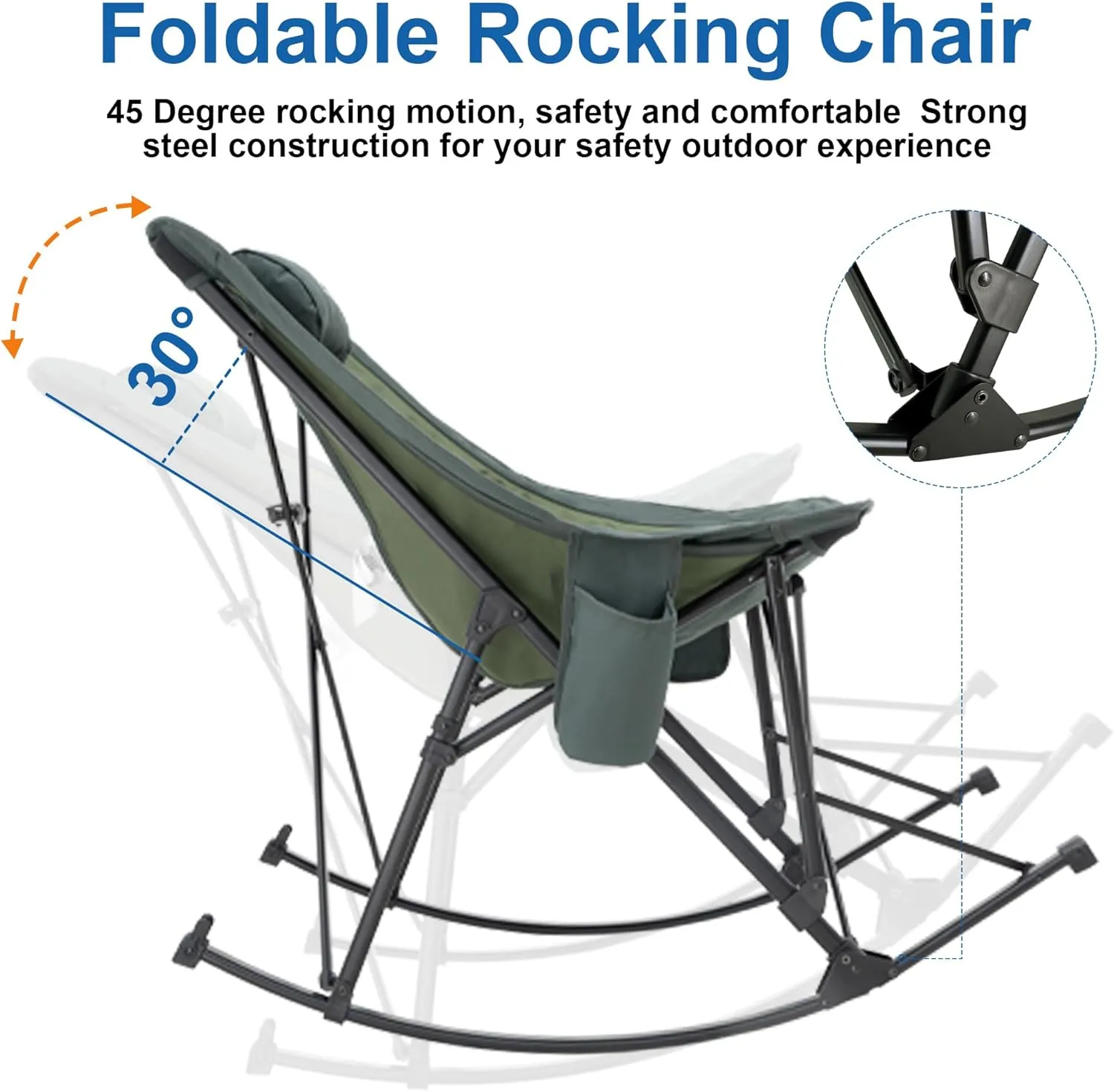 Oversized Rocking Camping Chair, Fully Padded Patio Chair with Side Pocket, High Back Portable Lawn Recliner with Headrest, Outdoor Camp Rocker Chairs for Adults Heavy Duty 350 LBS, Green