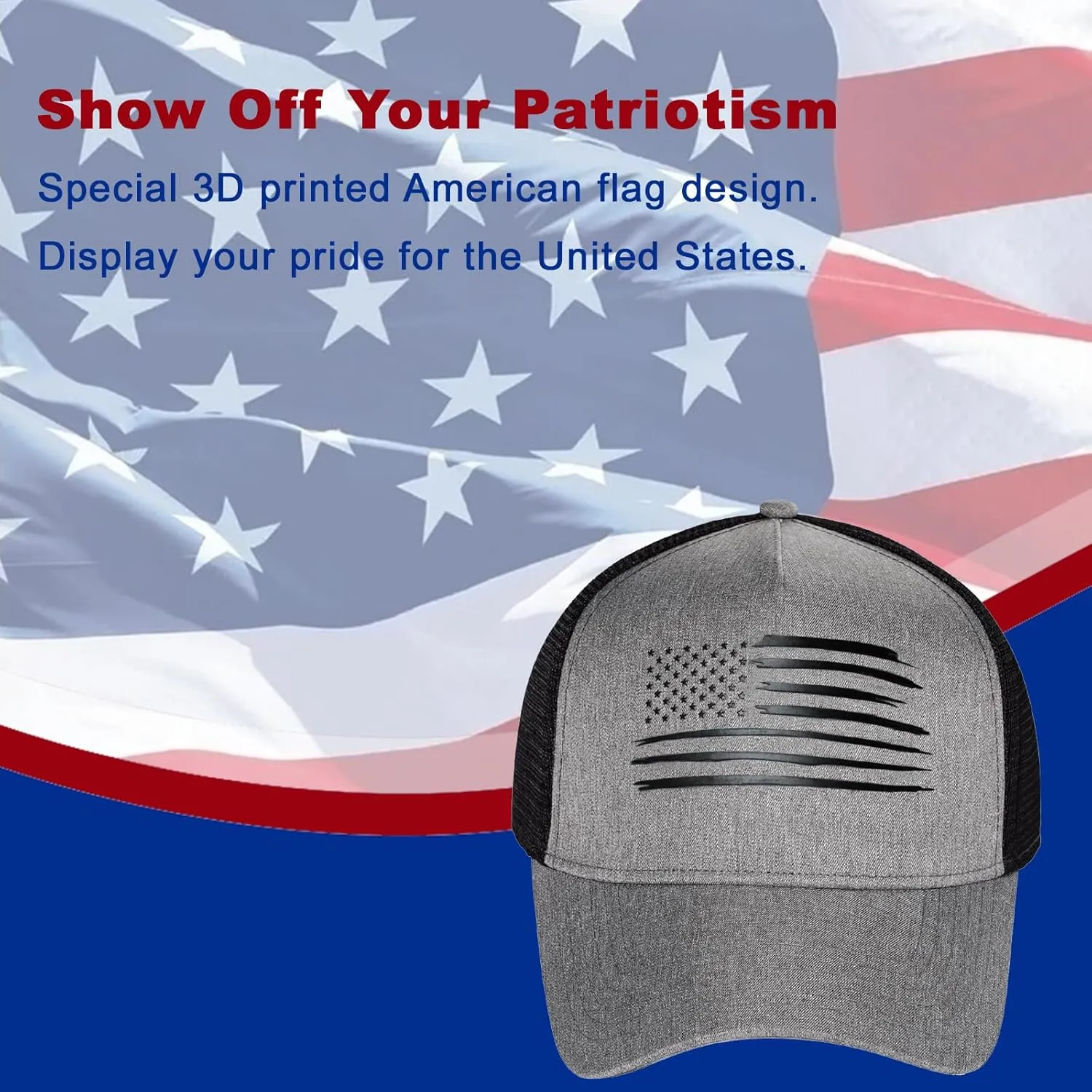 Oversized XXL American Flag Baseball Cap for Men & Women - Big Head Adjustable Snapback Hat - Patriotic Mesh Trucker Hat
