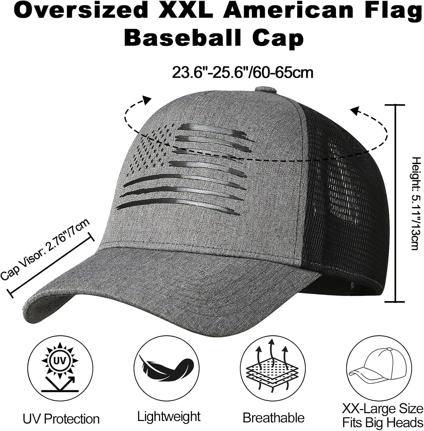 Oversized XXL American Flag Baseball Cap for Men & Women - Big Head Adjustable Snapback Hat - Patriotic Mesh Trucker Hat