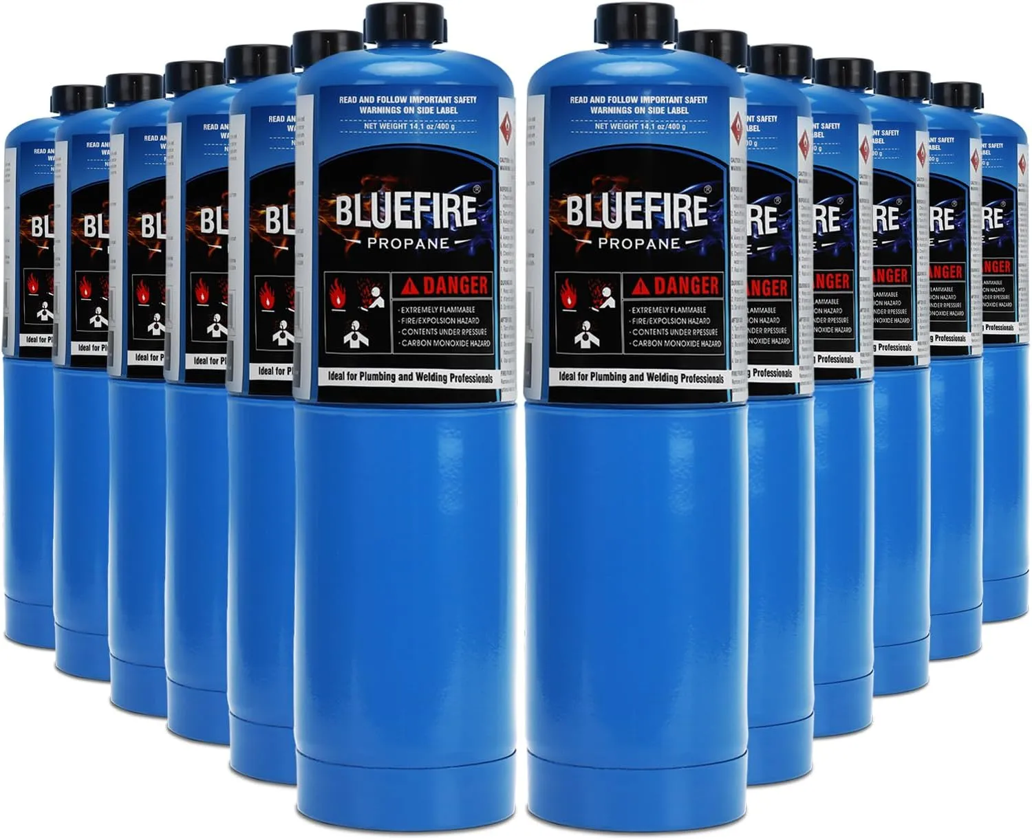 Pack of 12, BLUEFIRE Standard Propane Gas Cylinder/Canister 14.1 OZ，Propane Gas Torch Propane Cylinder Propane Tank Small Propane Tanks,for Soldering, Brazing,Cooking Grilling Gardening and Camping