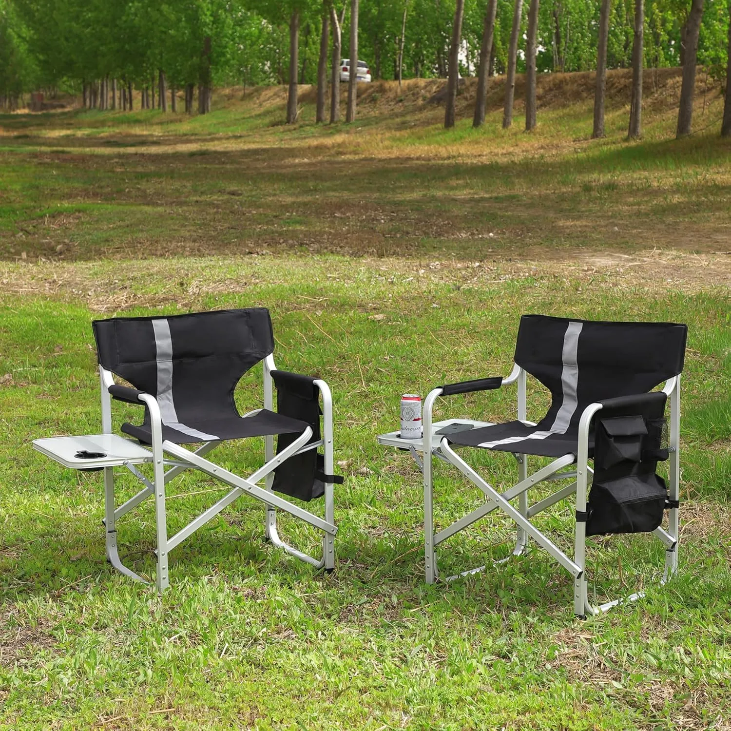 Padded Folding Outdoor Chair with Side Table and Storage Pockets,Lightweight Oversized Directors Chair for Indoor, Outdoor Camping, Picnics and Fishing,Green (Black-2)