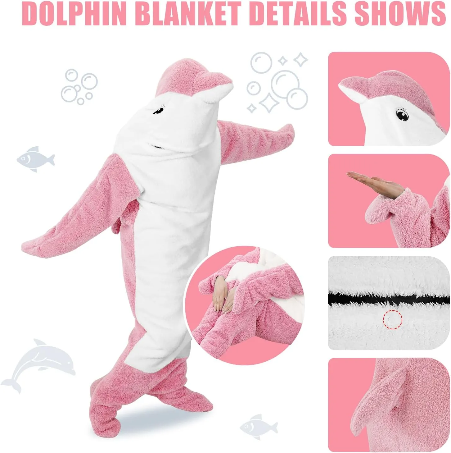 PADTIC Wearable Dolphin Blanket - Soft Cozy Hoodie for Dolphin Lovers - Onesie for Adults (Pink, L for 69-75 Inches Height)