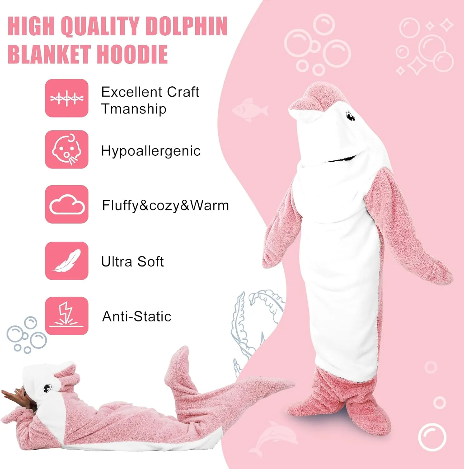 PADTIC Wearable Dolphin Blanket - Soft Cozy Hoodie for Dolphin Lovers - Onesie for Adults (Pink, L for 69-75 Inches Height)