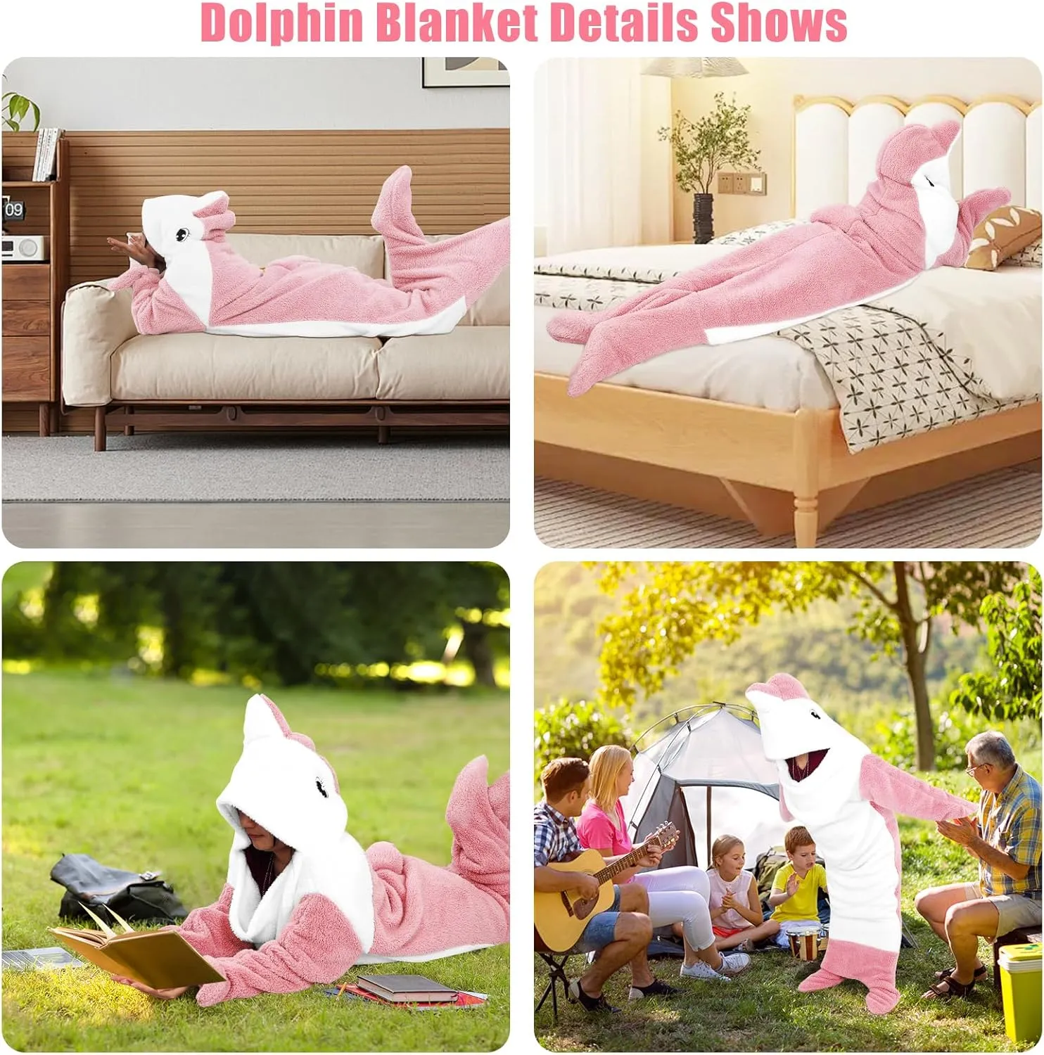 PADTIC Wearable Dolphin Blanket - Soft Cozy Hoodie for Dolphin Lovers - Onesie for Adults (Pink, L for 69-75 Inches Height)