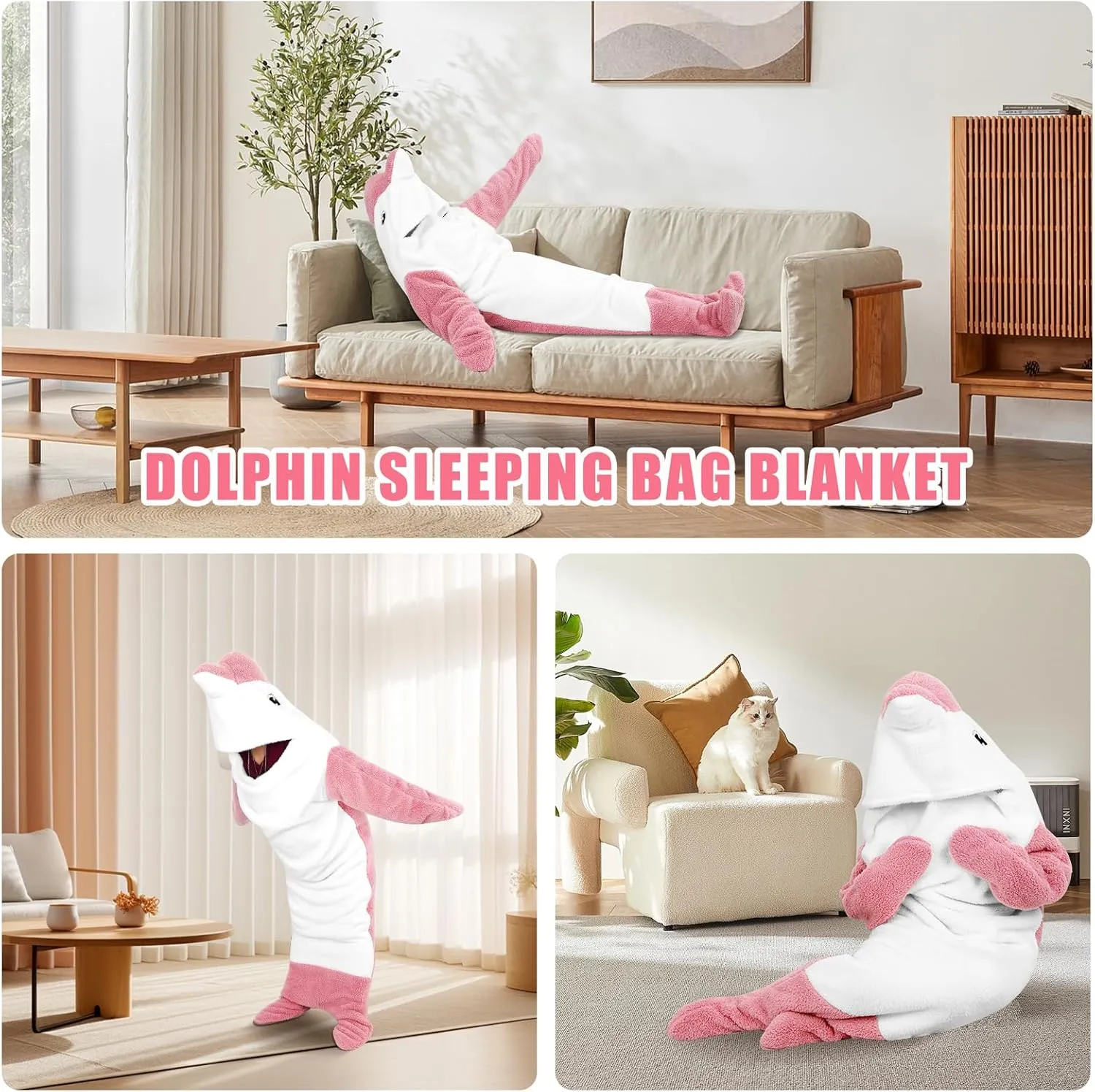PADTIC Wearable Dolphin Blanket - Soft Cozy Hoodie for Dolphin Lovers - Onesie for Adults (Pink, L for 69-75 Inches Height)