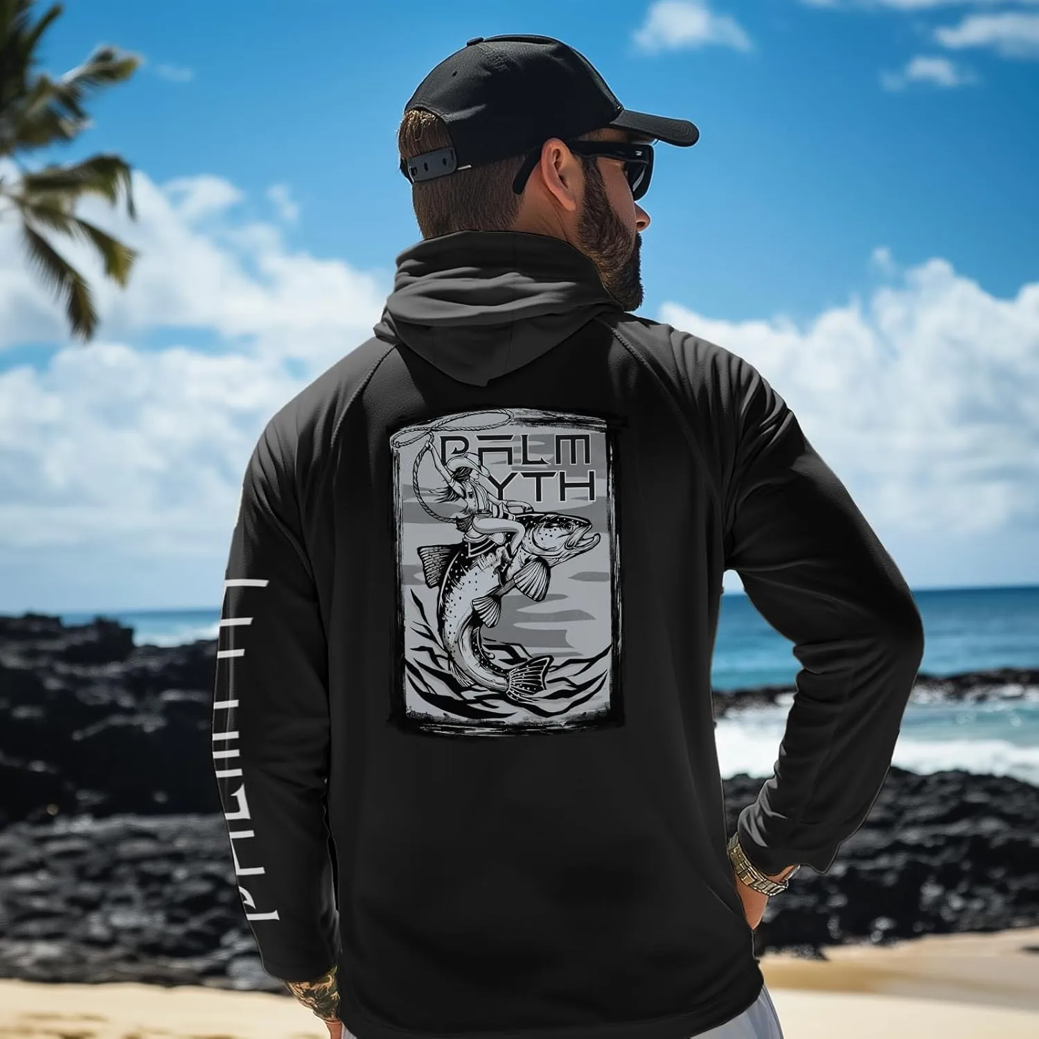 Palmyth Fishing Shirts for Men Long Sleeve UPF 50  Sun Protection Fishing Hoodie with UV Vented Neck Gaiter