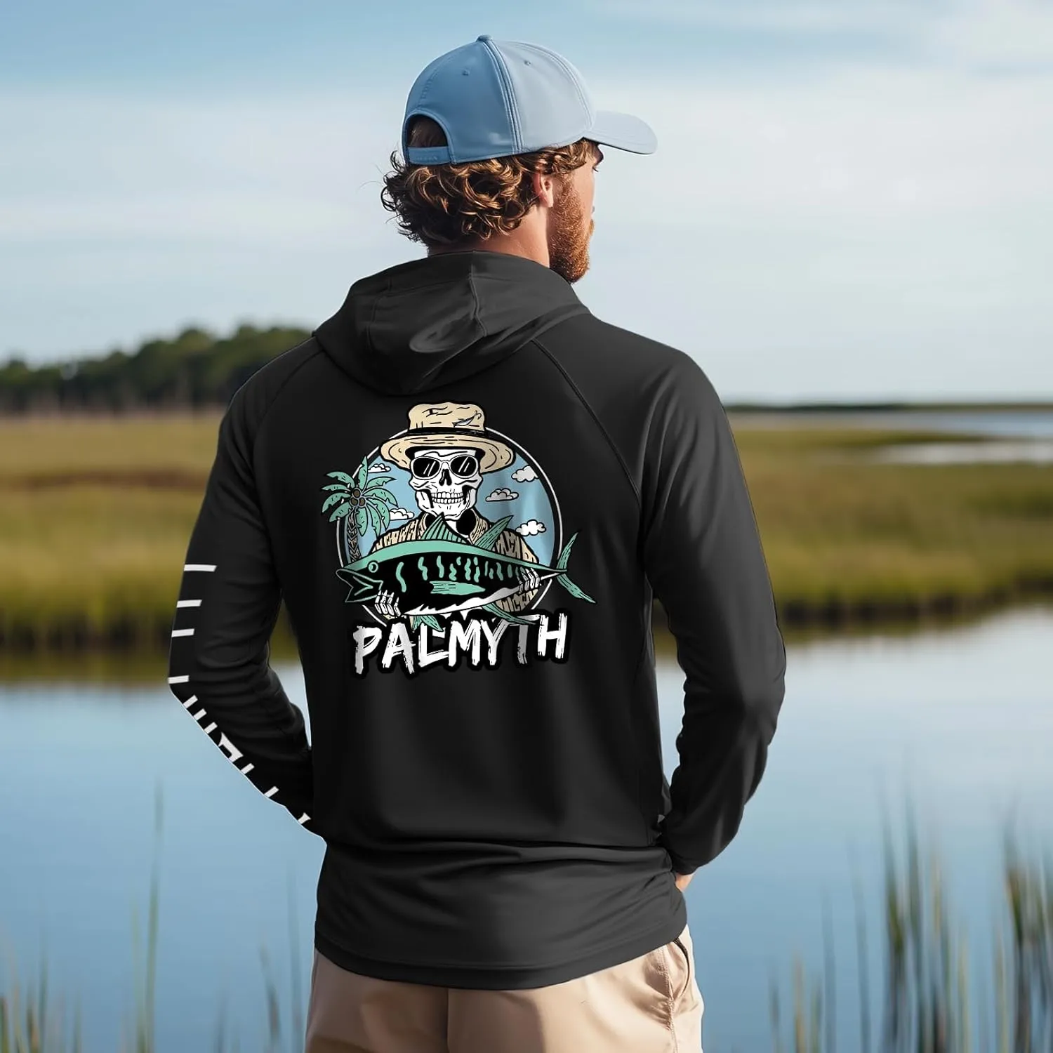 Palmyth Fishing Shirts for Men Long Sleeve UPF 50  Sun Protection Fishing Hoodie with UV Vented Neck Gaiter