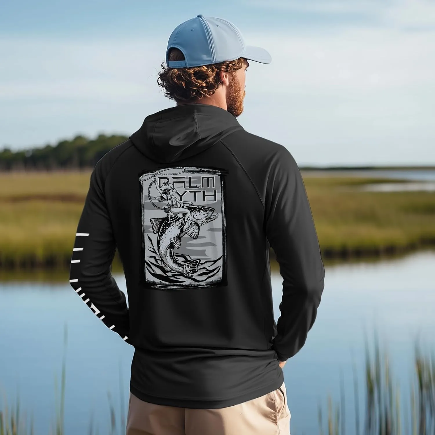 Palmyth Fishing Shirts for Men Long Sleeve UPF 50  Sun Protection Fishing Hoodie with UV Vented Neck Gaiter