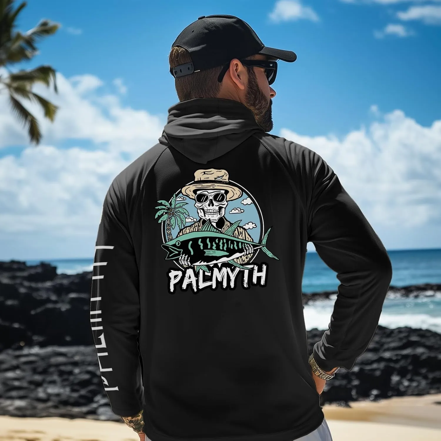 Palmyth Fishing Shirts for Men Long Sleeve UPF 50  Sun Protection Fishing Hoodie with UV Vented Neck Gaiter