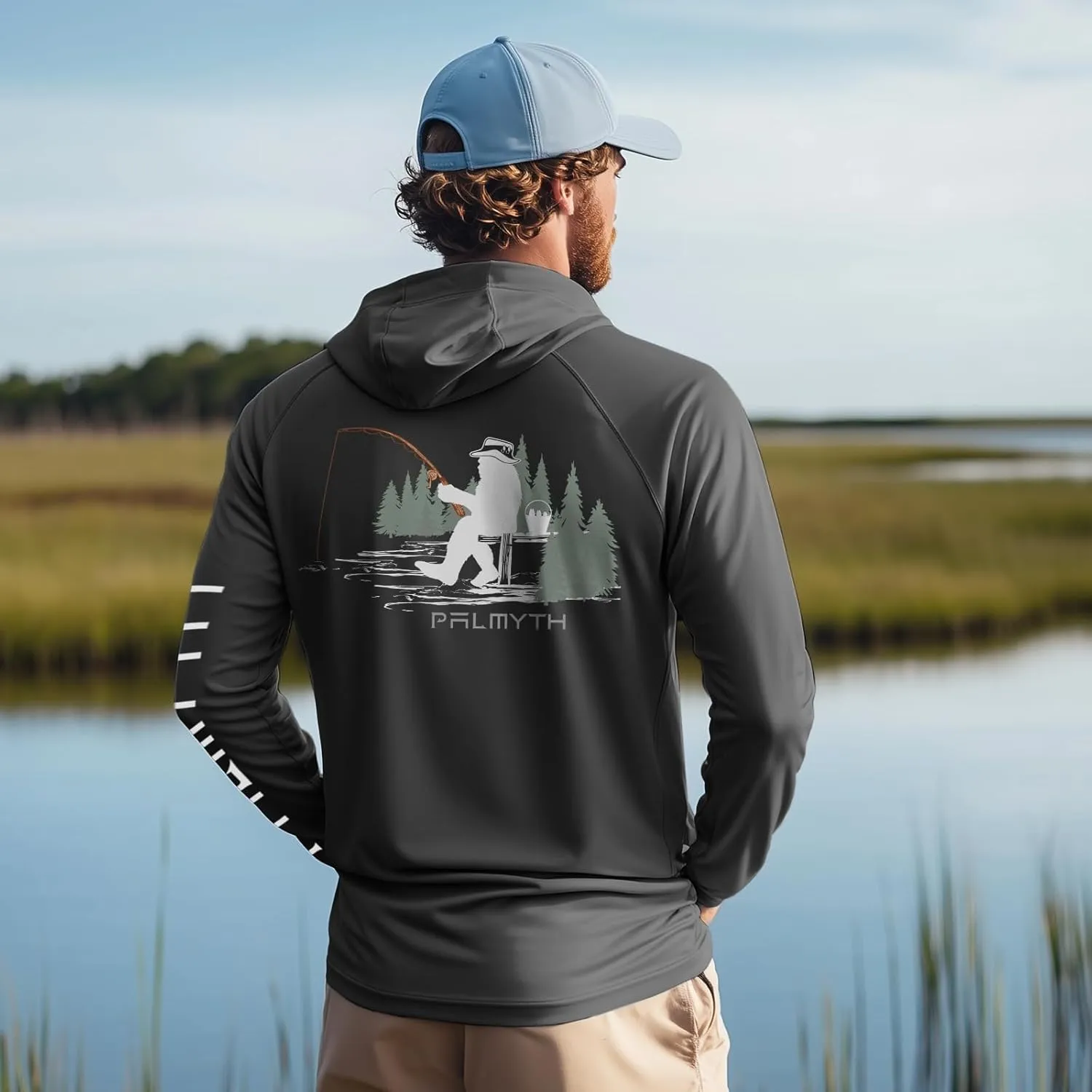 Palmyth Fishing Shirts for Men Long Sleeve UPF 50  Sun Protection Fishing Hoodie with UV Vented Neck Gaiter