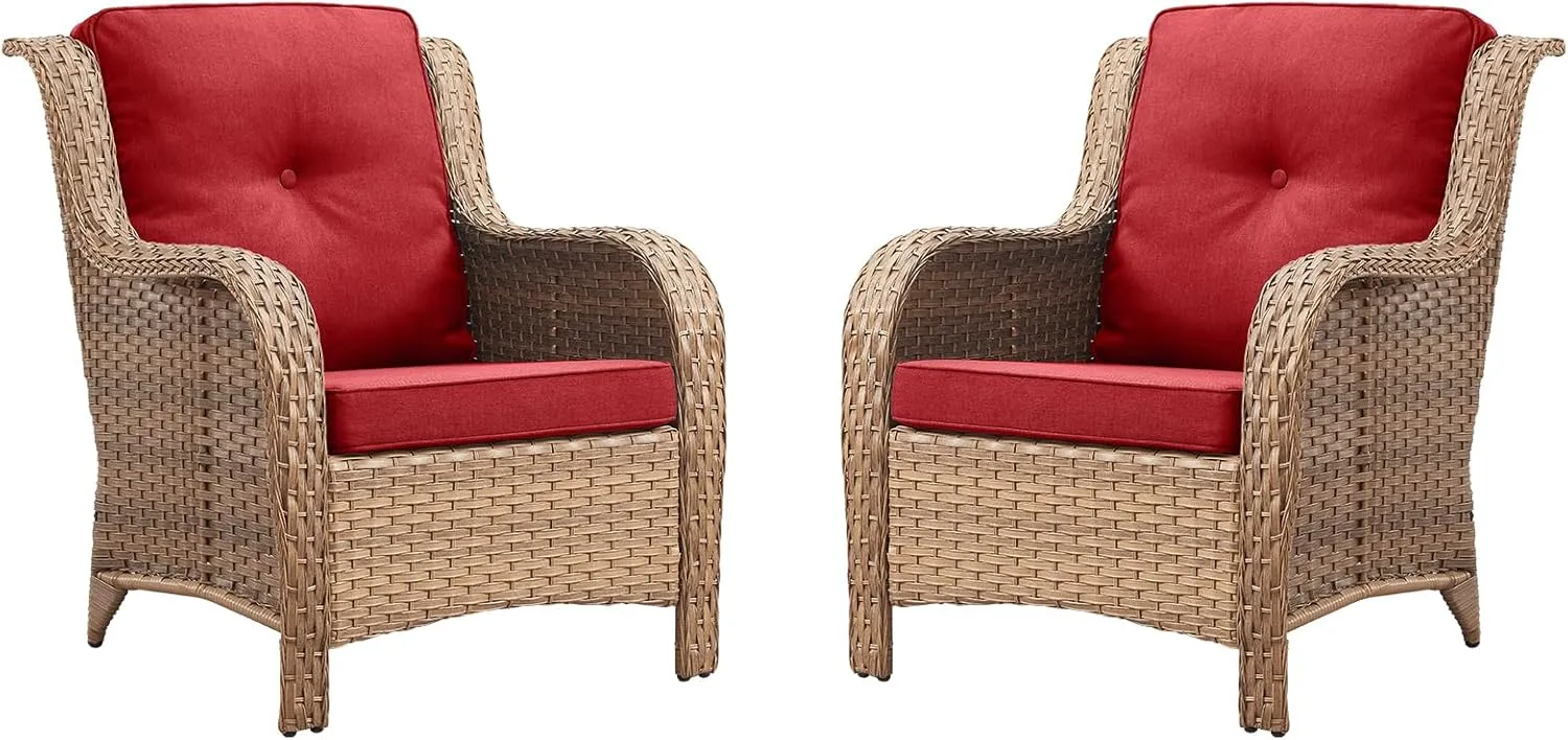 Patio Furniture Chairs Outdoor Chair - 2 Piece Wicker Rattan Chairs Set with High Back and Deep Seating for Deck Porch Balcony Backyard Garden(Yellow/Red)