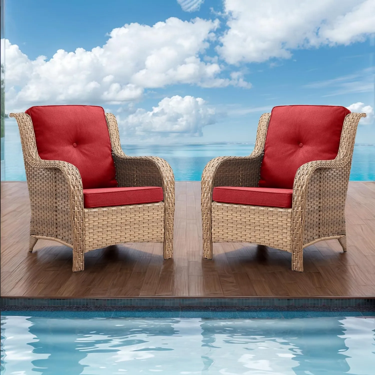Patio Furniture Chairs Outdoor Chair - 2 Piece Wicker Rattan Chairs Set with High Back and Deep Seating for Deck Porch Balcony Backyard Garden(Yellow/Red)