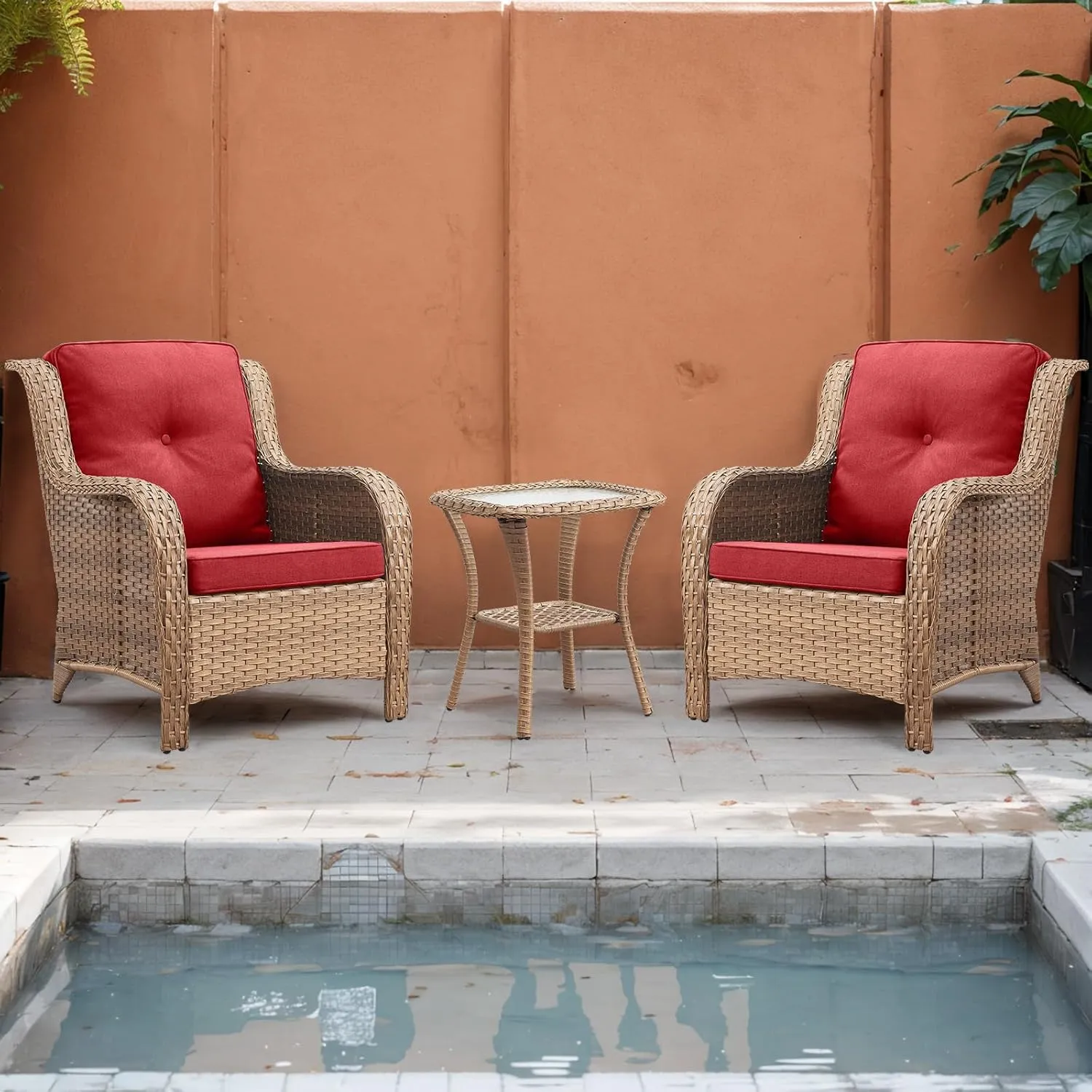 Patio Furniture Chairs Outdoor Chair - 2 Piece Wicker Rattan Chairs Set with High Back and Deep Seating for Deck Porch Balcony Backyard Garden(Yellow/Red)