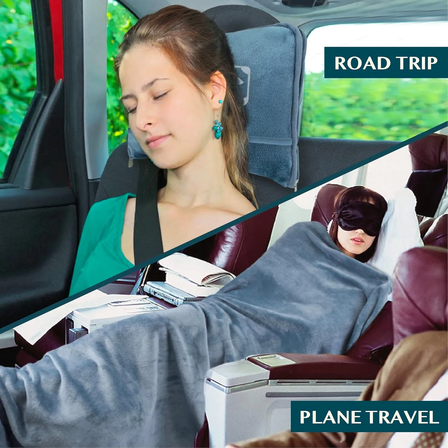 PAVILIA Travel Blanket Pillow in Soft Bag with Pockets, Airplane Blanket Set, Plane Blanket Compact Packable, Flight Essentials Car Pillow, Travelers Accessories Gifts, Luggage Strap, Dusty Light Blue