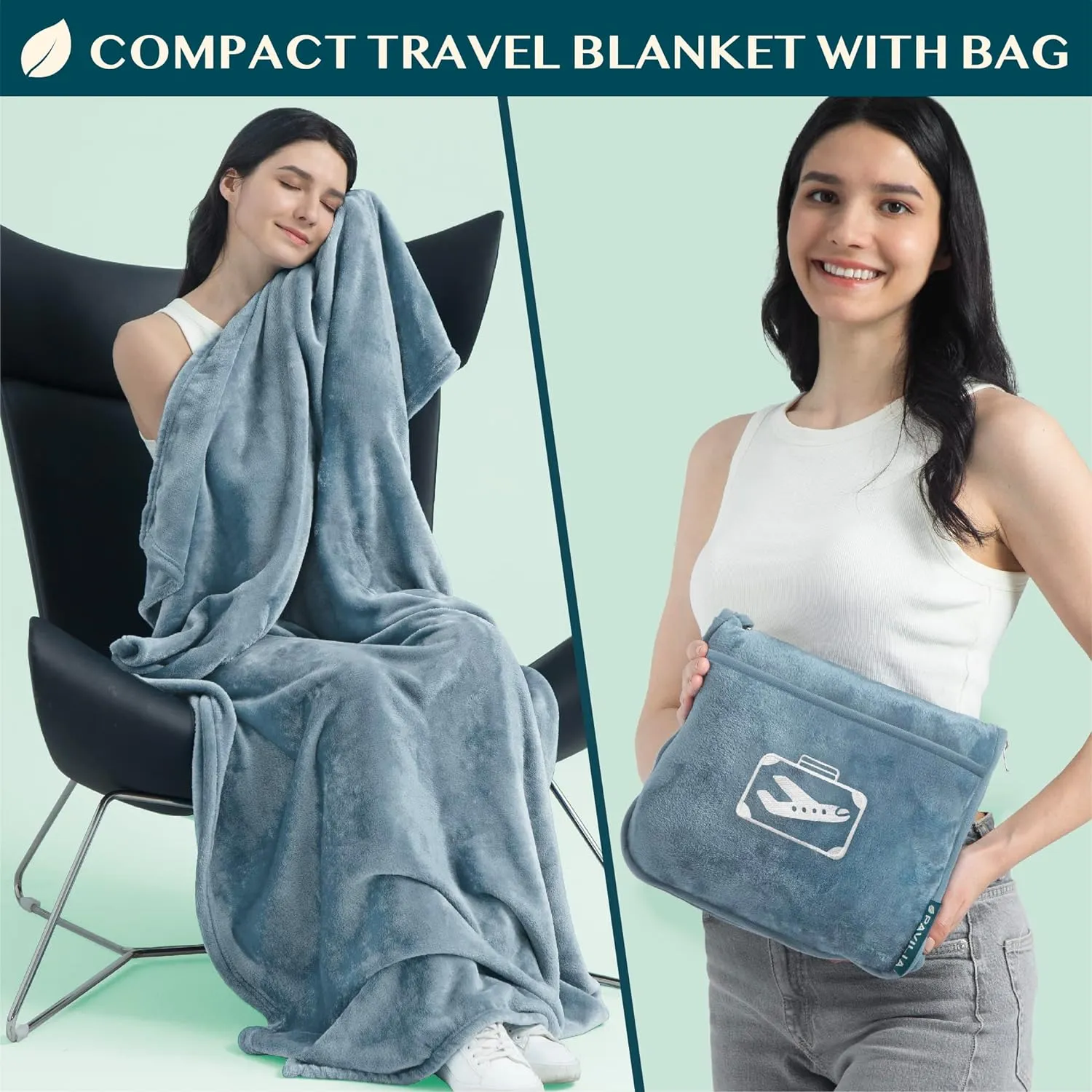 PAVILIA Travel Blanket Pillow in Soft Bag with Pockets, Airplane Blanket Set, Plane Blanket Compact Packable, Flight Essentials Car Pillow, Travelers Accessories Gifts, Luggage Strap, Dusty Light Blue