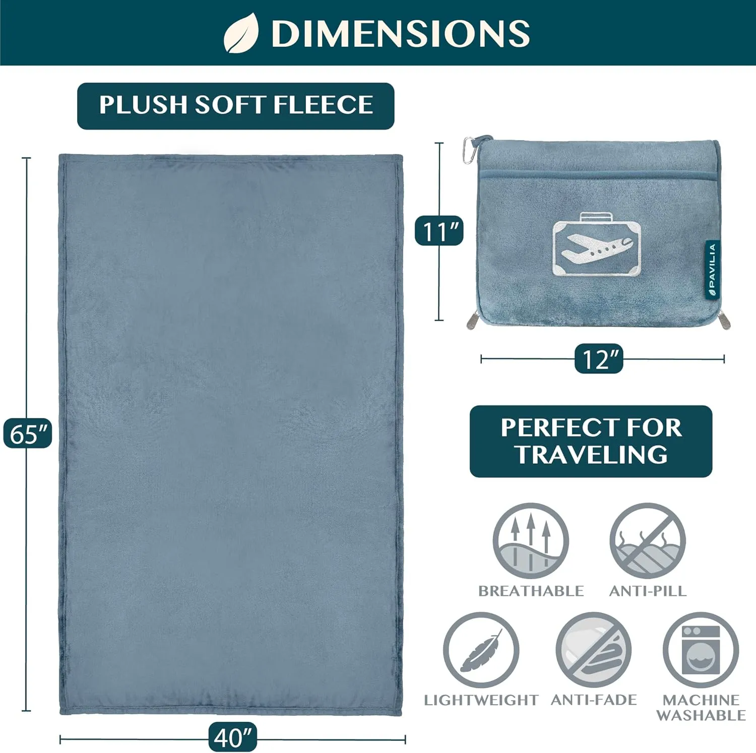 PAVILIA Travel Blanket Pillow in Soft Bag with Pockets, Airplane Blanket Set, Plane Blanket Compact Packable, Flight Essentials Car Pillow, Travelers Accessories Gifts, Luggage Strap, Dusty Light Blue