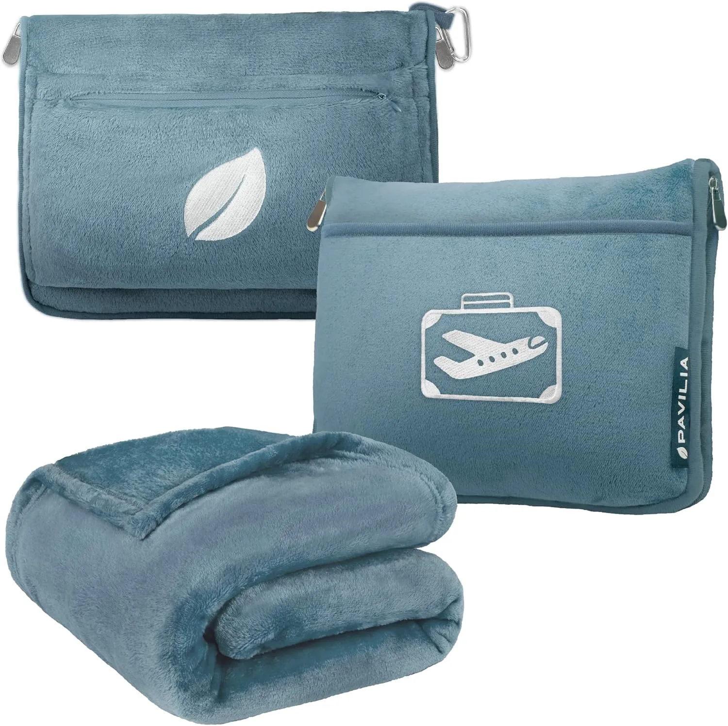 PAVILIA Travel Blanket Pillow in Soft Bag with Pockets, Airplane Blanket Set, Plane Blanket Compact Packable, Flight Essentials Car Pillow, Travelers Accessories Gifts, Luggage Strap, Dusty Light Blue
