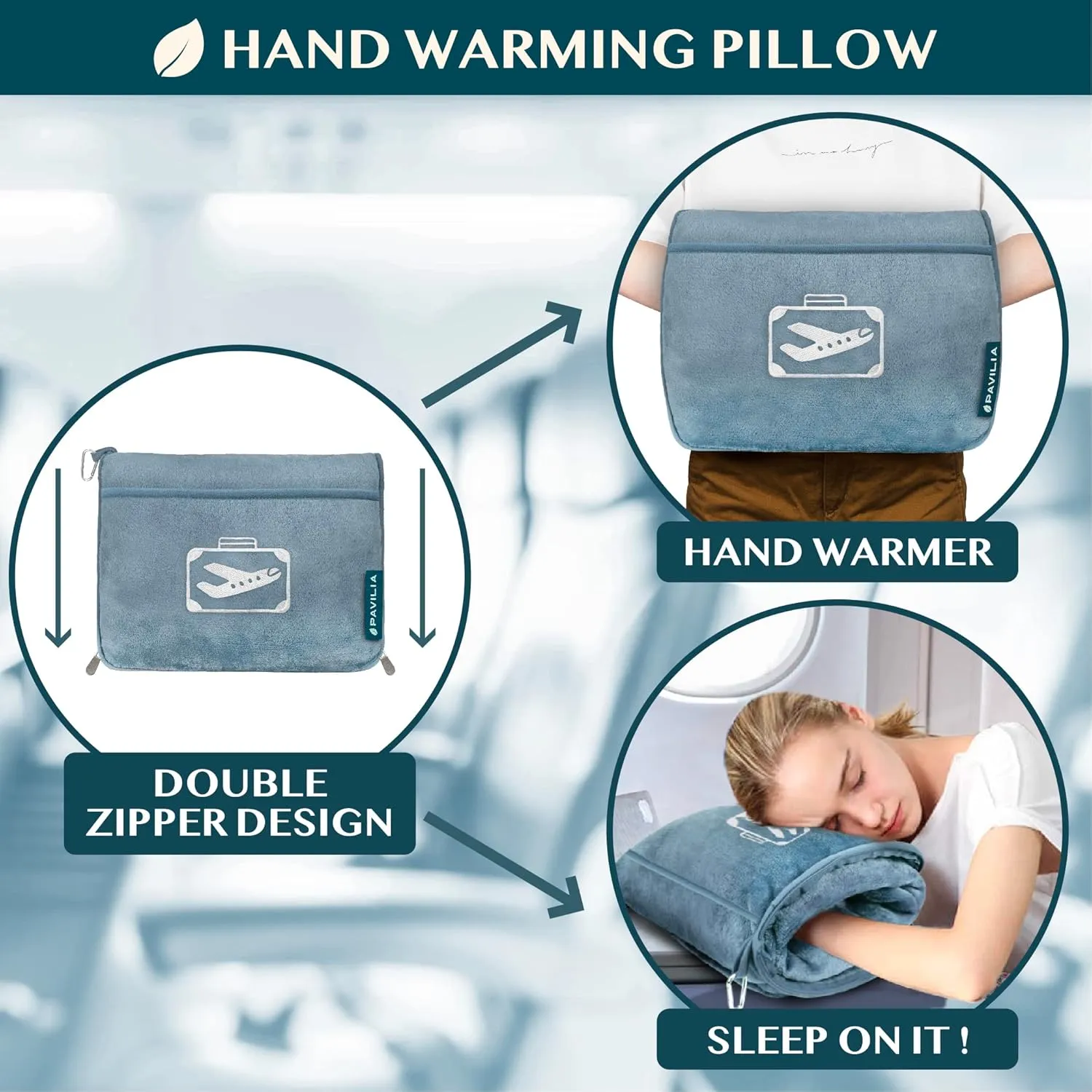 PAVILIA Travel Blanket Pillow in Soft Bag with Pockets, Airplane Blanket Set, Plane Blanket Compact Packable, Flight Essentials Car Pillow, Travelers Accessories Gifts, Luggage Strap, Dusty Light Blue