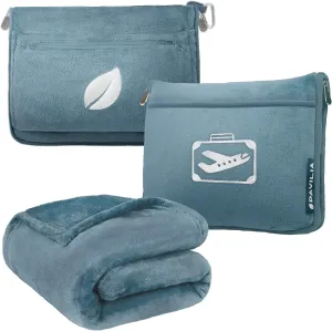 PAVILIA Travel Blanket Pillow in Soft Bag with Pockets, Airplane Blanket Set, Plane Blanket Compact Packable, Flight Essentials Car Pillow, Travelers Accessories Gifts, Luggage Strap, Dusty Light Blue