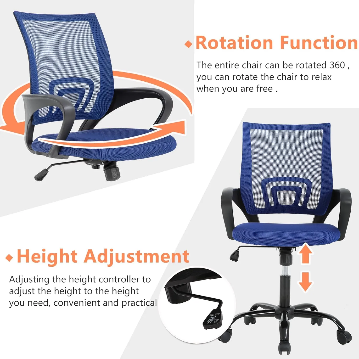 PayLessHere Home Office Chair - Adjustable Ergonomic Chair with Lumbar Support, Armrest, High Density Mesh, 360 Degree Swivel (Pack of 2, Blue)