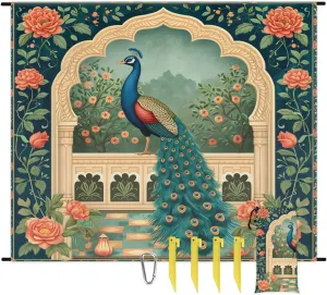 Peacock Flower Beach Blanket, Sandproof Beach Mat, 68 x 59 Waterproof Quick Drying Sand Free Mat with 4 x Ground Spikes for Outdoor Travel Camping Hiking, Peacock Vintage Floral