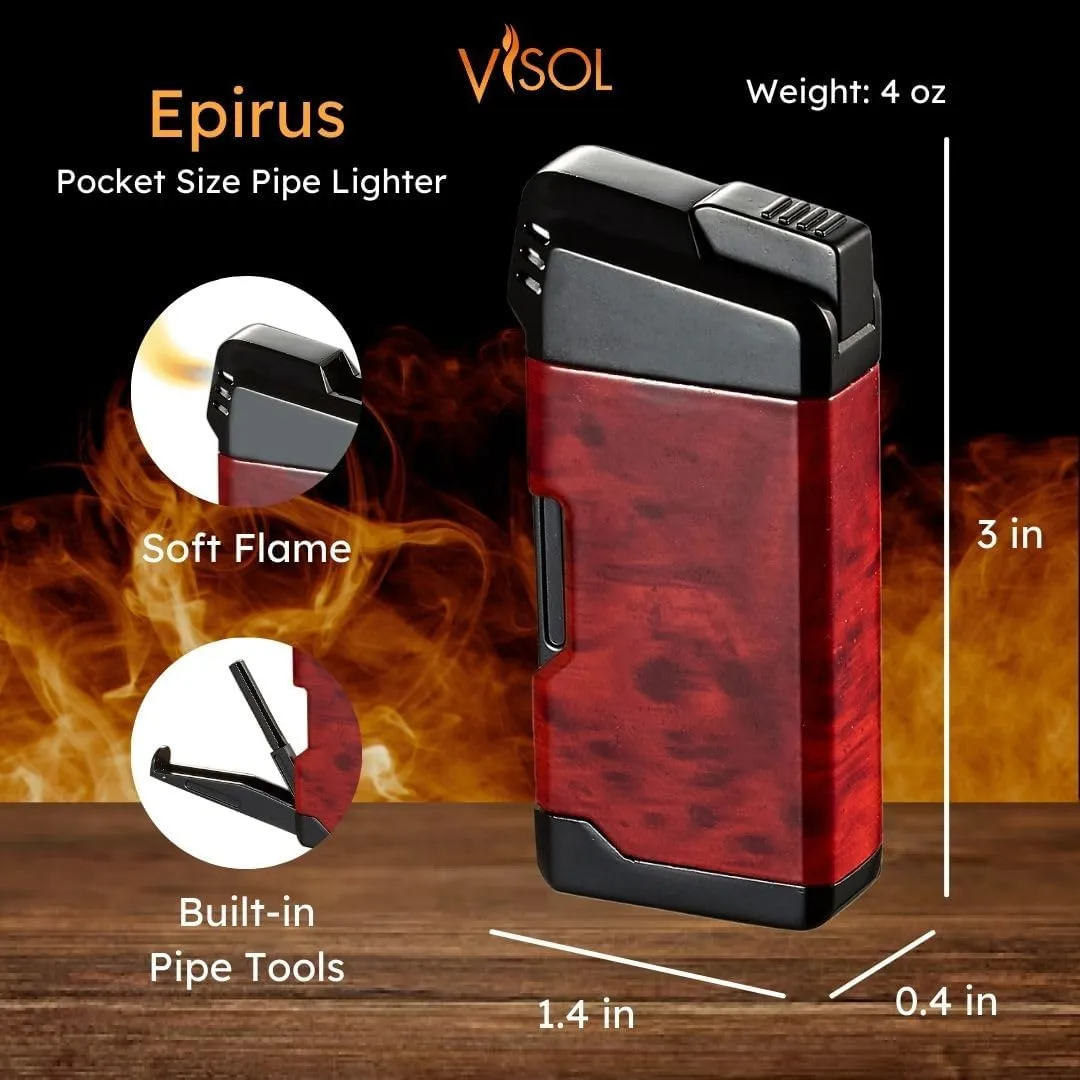 Personalized Visol Epirus Soft Flame Refillable Gas Lighter, Built-in Pipe Tools, Windproof Adjustable Flame Lighter with Free Engraving (Shipped Without Butane) (Light Burl)