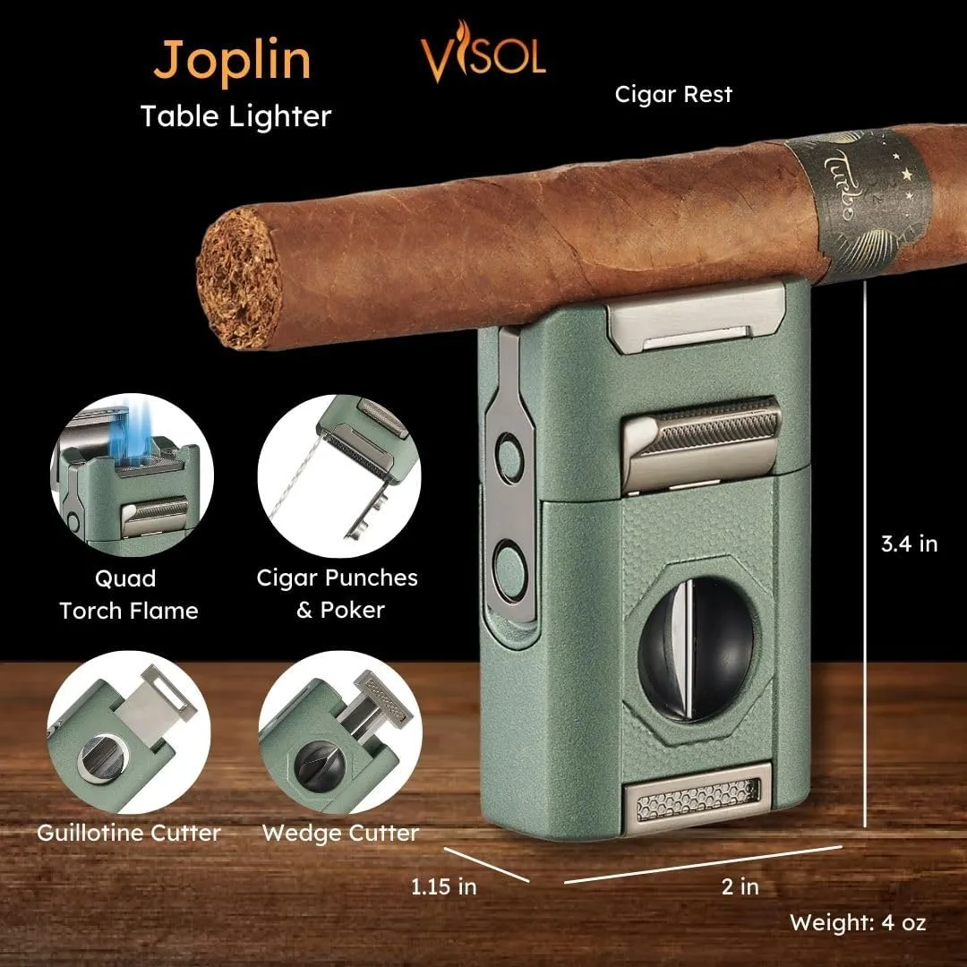 Personalized Visol Joplin Quad Torch Multi-Tool Table Lighter, Built in Guillotine and Wedge Cutters, Butane Refillable Adjustable Flame Lighter (Shipped Without Butane) with Free Engraving (Green)