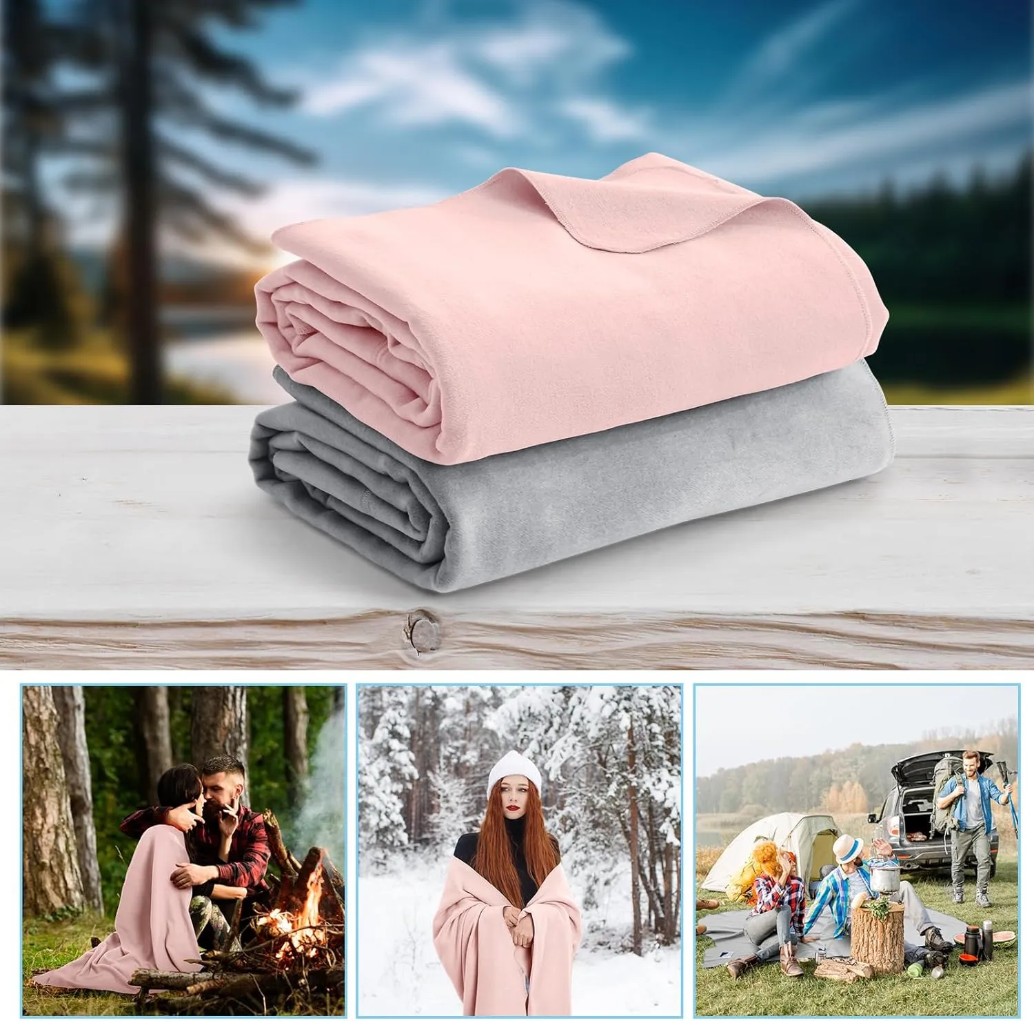 Peryiter 2 Pcs Military Wool Blanket Large 64" x 88" Camping Blanket Survival 3.3 Lbs Each Thick Thermal Washable Emergency Blanket for Outdoors Sporting Events Survival Kits (Pink, Gray)