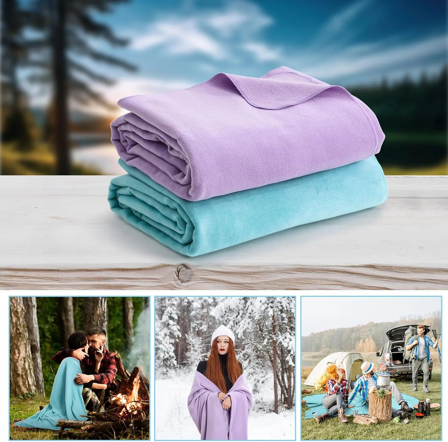 Peryiter 2 Pcs Military Wool Blanket Large 64" x 88" Camping Blanket Survival 3.3 Lbs Each Thick Thermal Washable Emergency Blanket for Outdoors Sporting Events Survival Kits (Purple, Bean Green)
