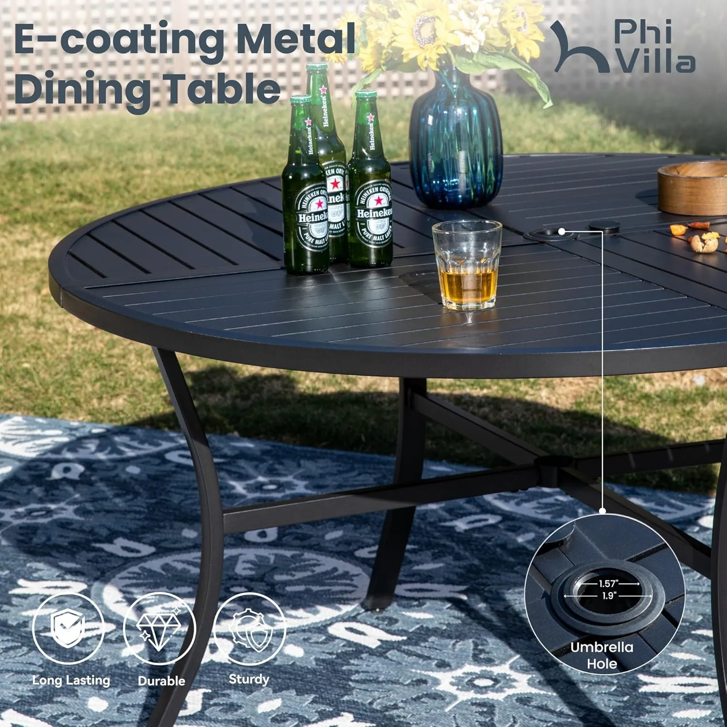 PHI VILLA 7 Piece Outdoor Patio Dining Set with 6 Swivel Dining Chairs & 1 Large Round Dining Table, Gray Textilene Mesh Fabric Chair and 54" Metal Table for All Weather