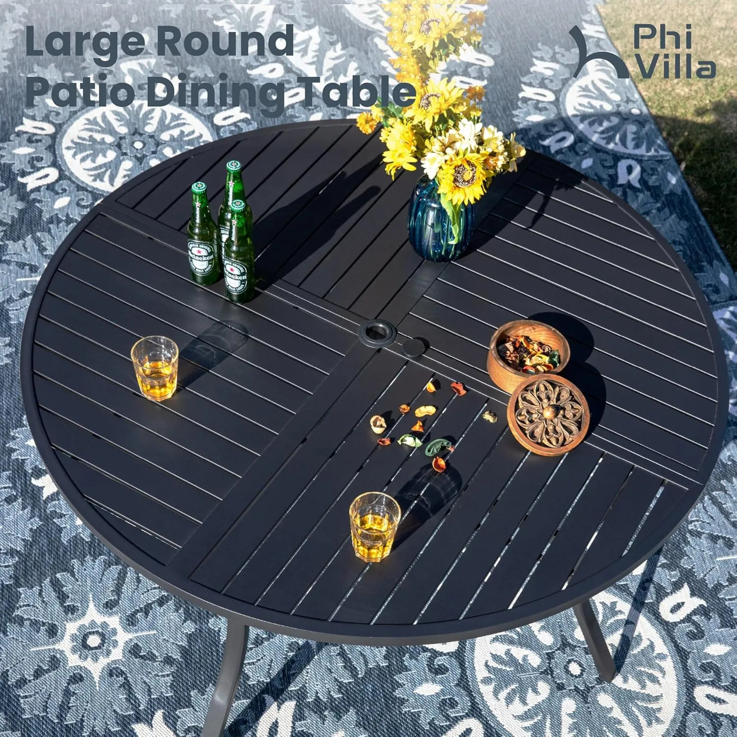 PHI VILLA 7 Piece Outdoor Patio Dining Set with 6 Swivel Dining Chairs & 1 Large Round Dining Table, Gray Textilene Mesh Fabric Chair and 54" Metal Table for All Weather