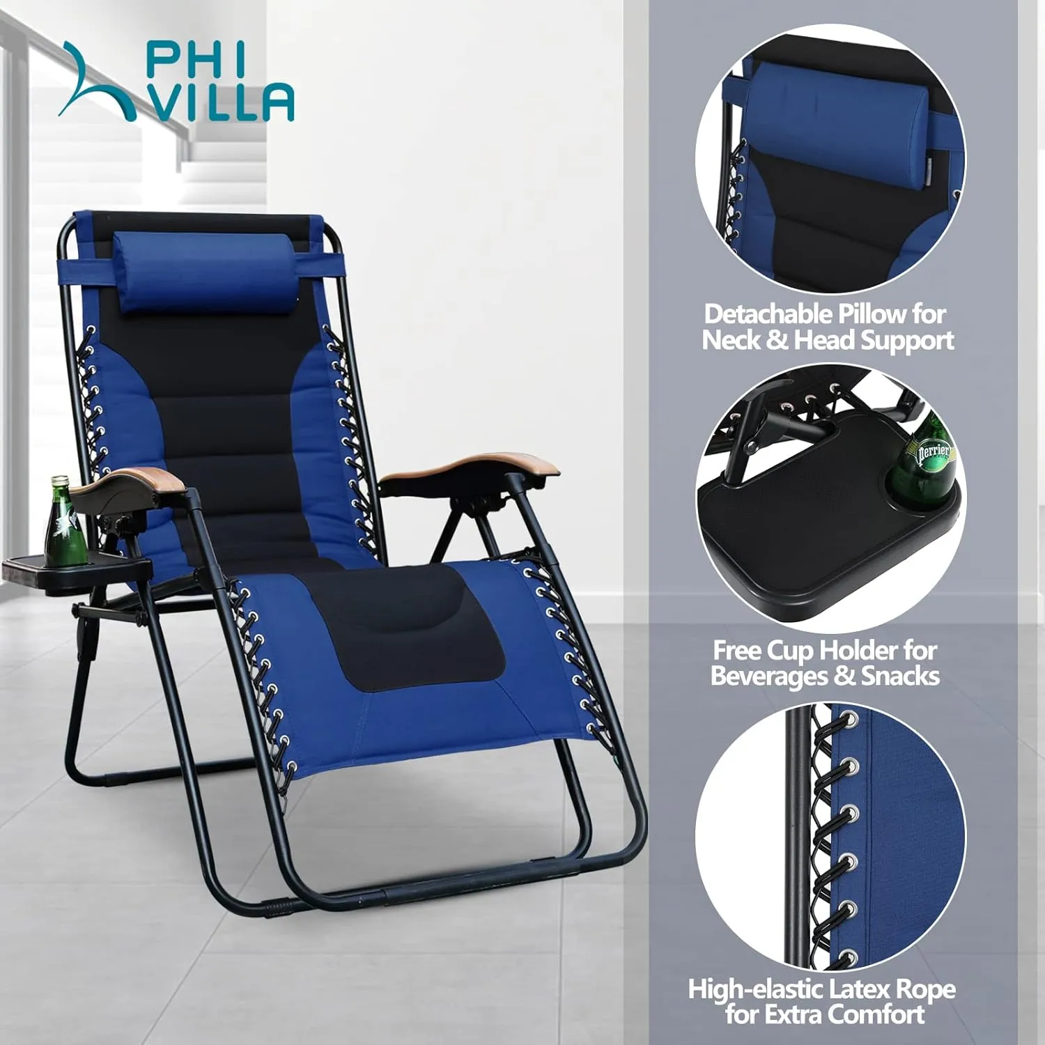 PHI VILLA XL Oversize Zero Gravity Chair Padded Recliner Oversize Lounge Chair with Free Cup Holder,Support 350 LBS (Blue)