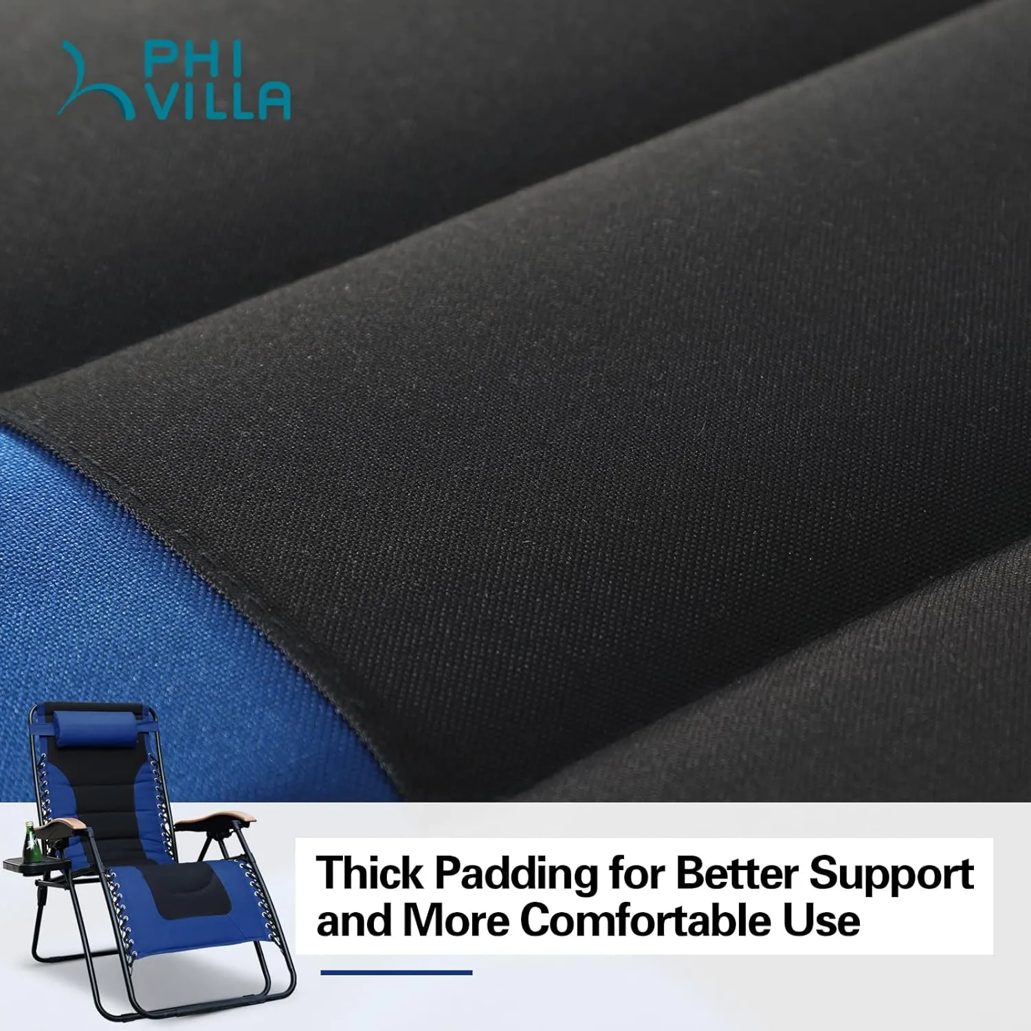 PHI VILLA XL Oversize Zero Gravity Chair Padded Recliner Oversize Lounge Chair with Free Cup Holder,Support 350 LBS (Blue)