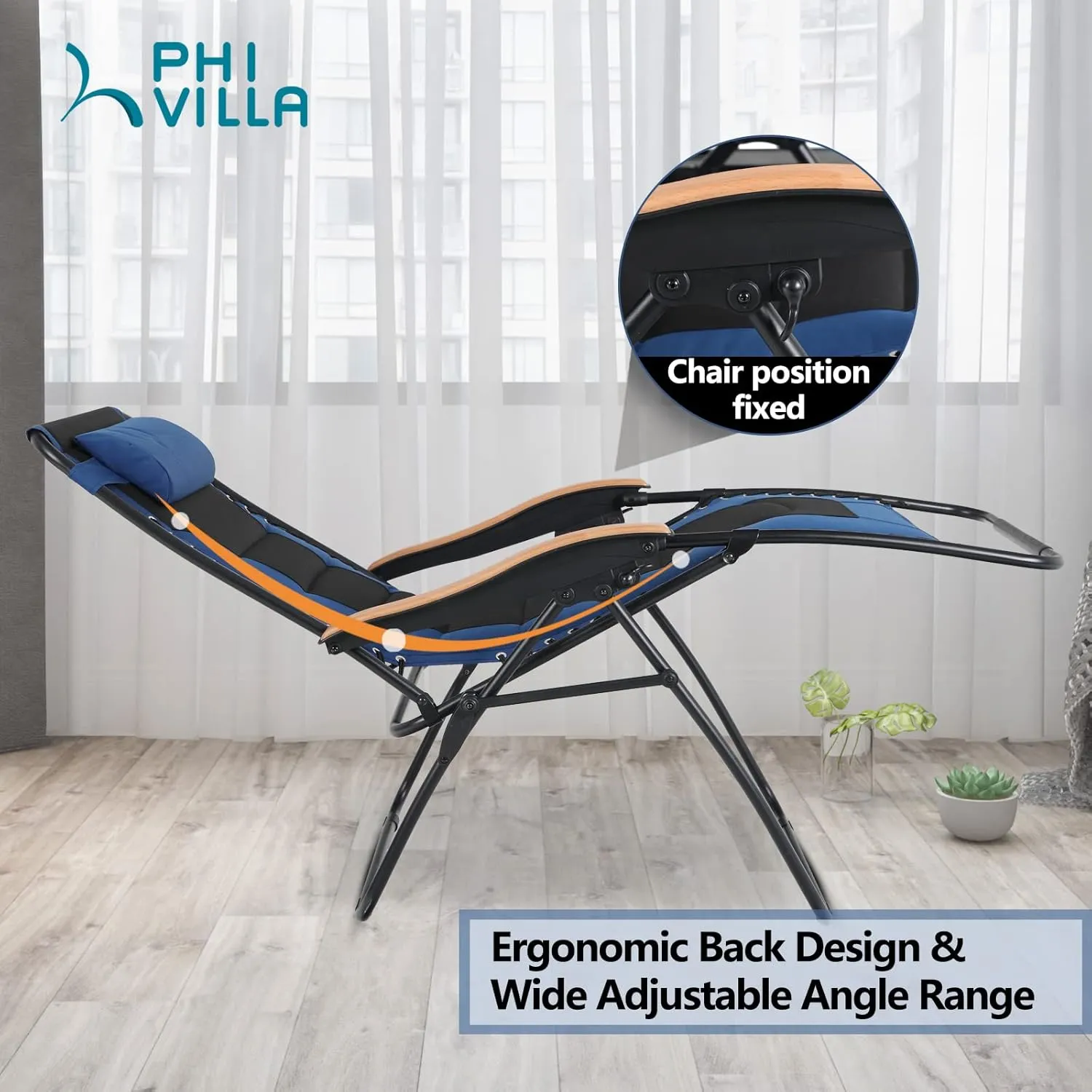 PHI VILLA XL Oversize Zero Gravity Chair Padded Recliner Oversize Lounge Chair with Free Cup Holder,Support 350 LBS (Blue)