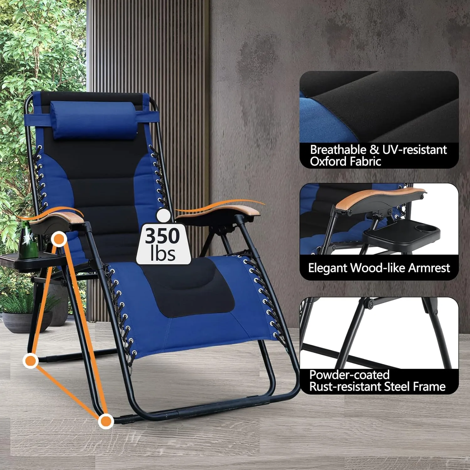 PHI VILLA XL Oversize Zero Gravity Chair Padded Recliner Oversize Lounge Chair with Free Cup Holder,Support 350 LBS (Blue)