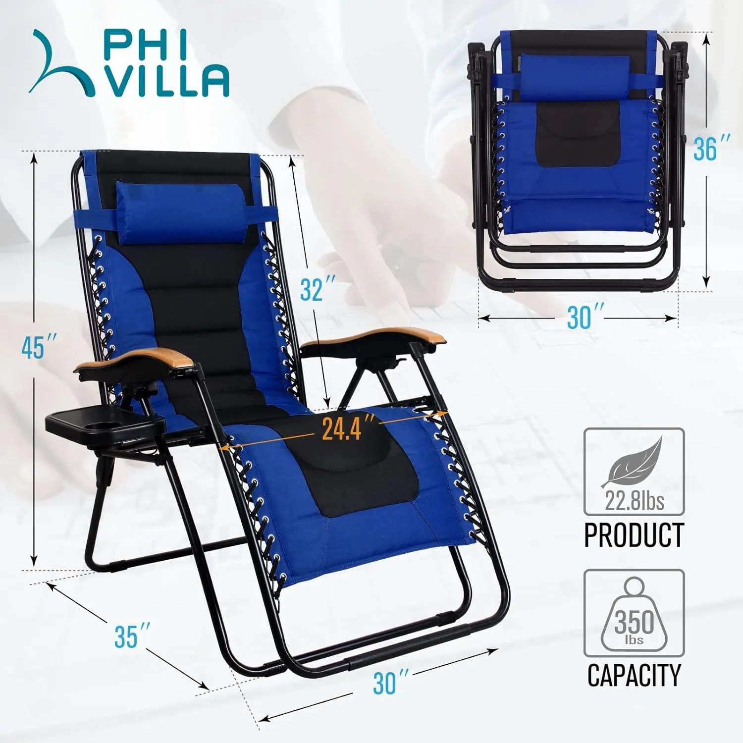 PHI VILLA XL Oversize Zero Gravity Chair Padded Recliner Oversize Lounge Chair with Free Cup Holder,Support 350 LBS (Blue)