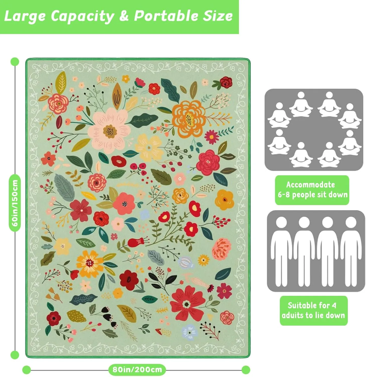 Picnic Blankets Boho Waterproof Sandproof Picnic Beach Blanket Foldable Portable Travel Large Boho Flower Camping Blanket for Outdoor Beaches,Parks,Hiking- 80" X 60"