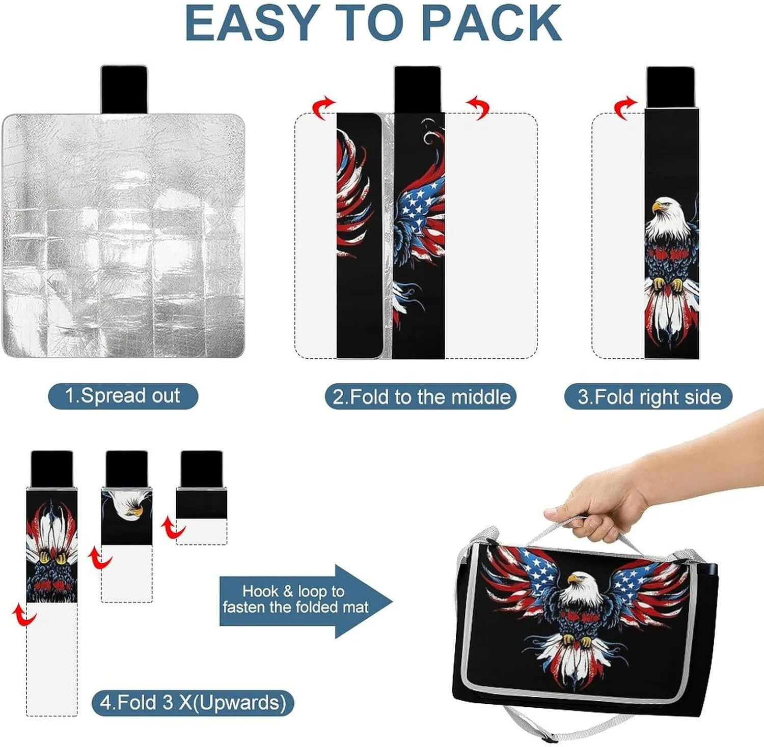 Picnic Outdoor Foldable American Flag and Bald Eagle Patriotic Black Blanket, Waterproof Camping Mat for Beach, Grass Lawn, Park, Travel