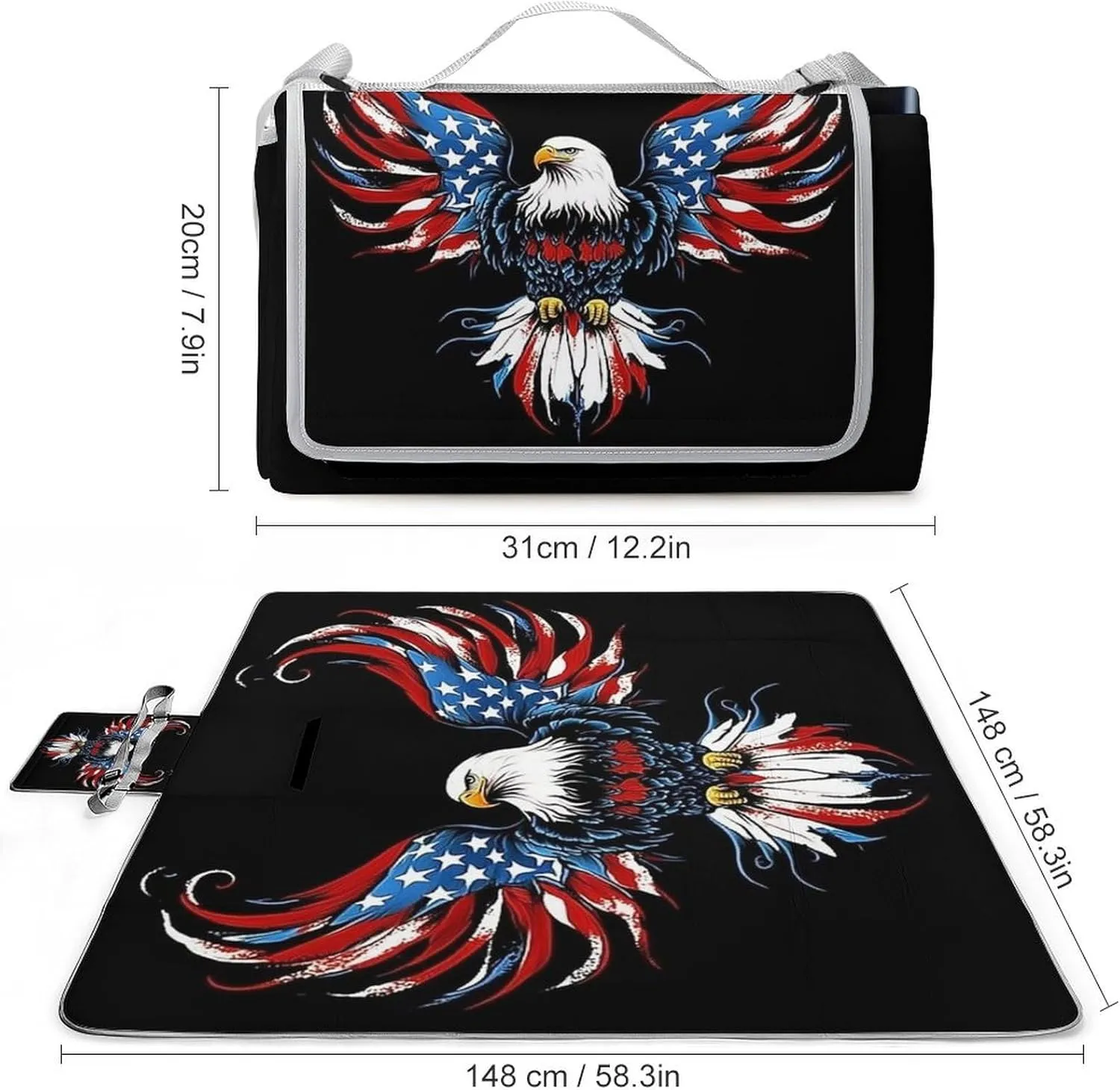 Picnic Outdoor Foldable American Flag and Bald Eagle Patriotic Black Blanket, Waterproof Camping Mat for Beach, Grass Lawn, Park, Travel