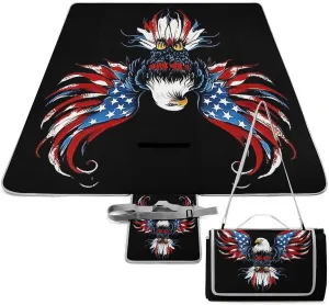 Picnic Outdoor Foldable American Flag and Bald Eagle Patriotic Black Blanket, Waterproof Camping Mat for Beach, Grass Lawn, Park, Travel