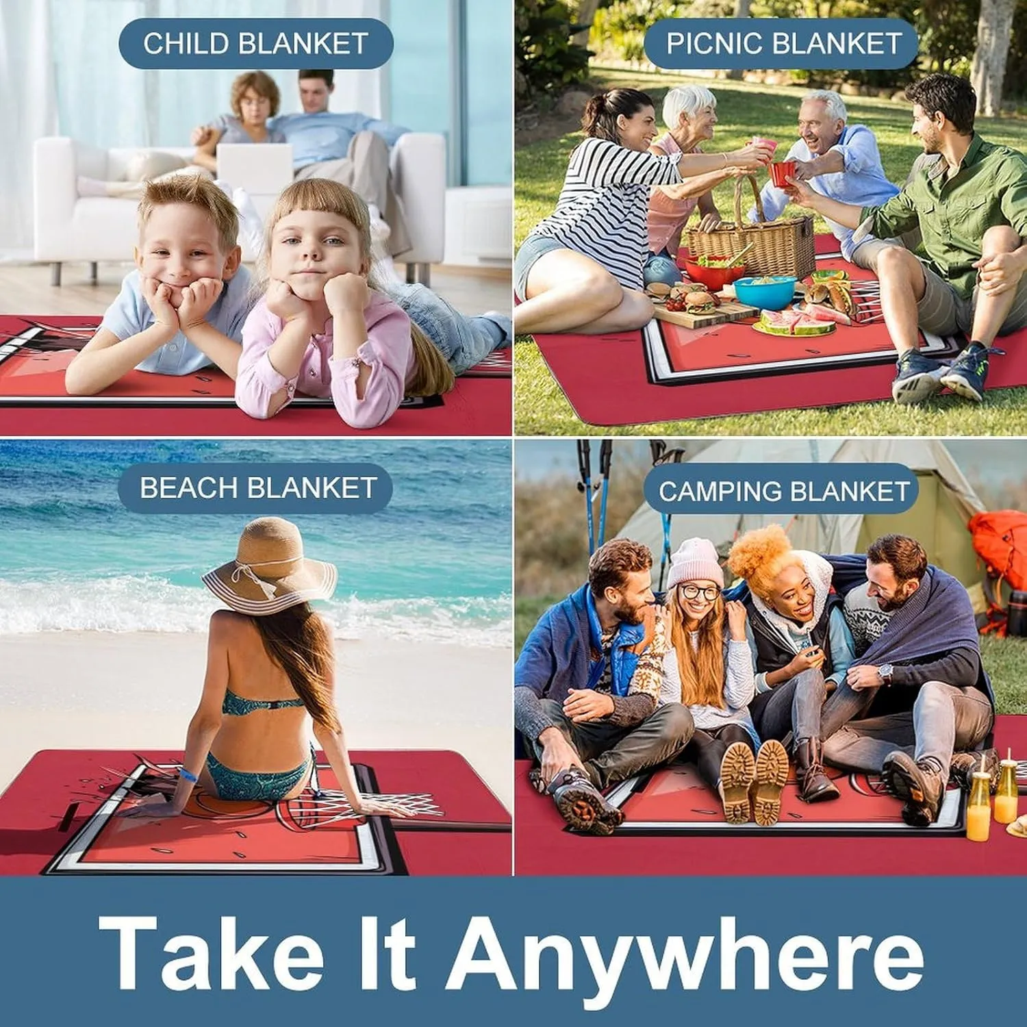Picnic Outdoor Foldable Basketball Rack Red Blanket, Waterproof Camping Mat for Beach, Grass Lawn, Park, Travel