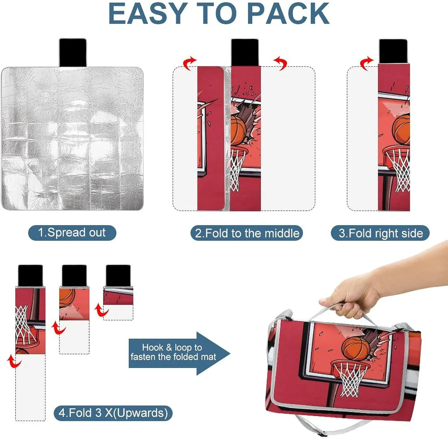 Picnic Outdoor Foldable Basketball Rack Red Blanket, Waterproof Camping Mat for Beach, Grass Lawn, Park, Travel