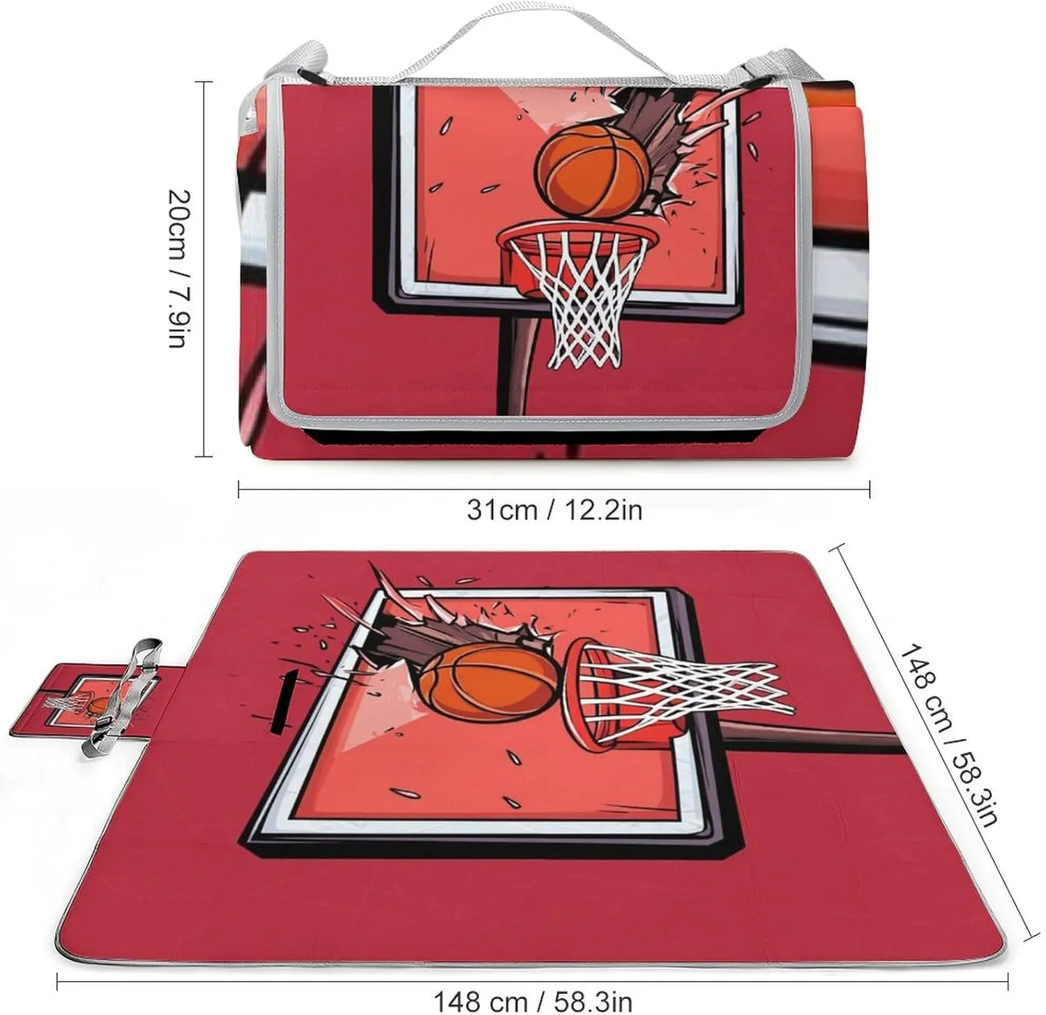 Picnic Outdoor Foldable Basketball Rack Red Blanket, Waterproof Camping Mat for Beach, Grass Lawn, Park, Travel