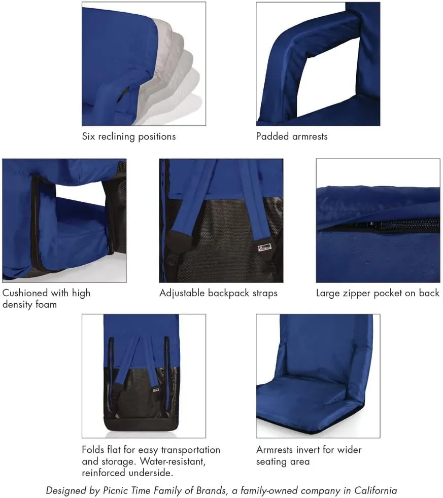 PICNIC TIME NHL Ventura Reclining Stadium Seat with Back Support - Bleacher Seat - Beach Floor Chair
