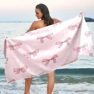 Pink Bows Beach Towels Oversized 71x31in Extra Large Pool Towel with Mesh Storage Bag, Lightweight Sand Free Quick Dry Beach Towel Travel Towel for Swim Bath Yoga Camping Gym